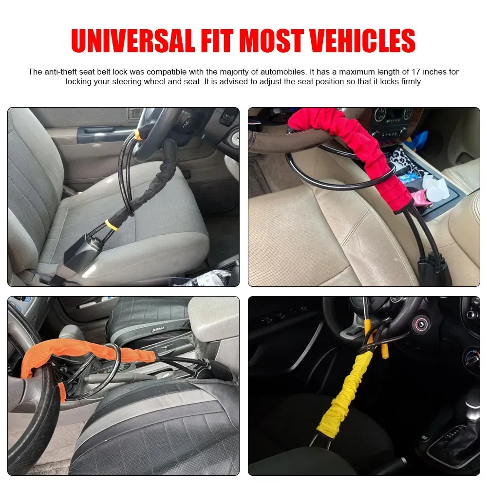 Car Steering Wheel Lock With Seat Belt Socket Steel Rope For Truck SUV Van RV With 3 Keys Universal Anti Theft Device - Yellow - Image 6