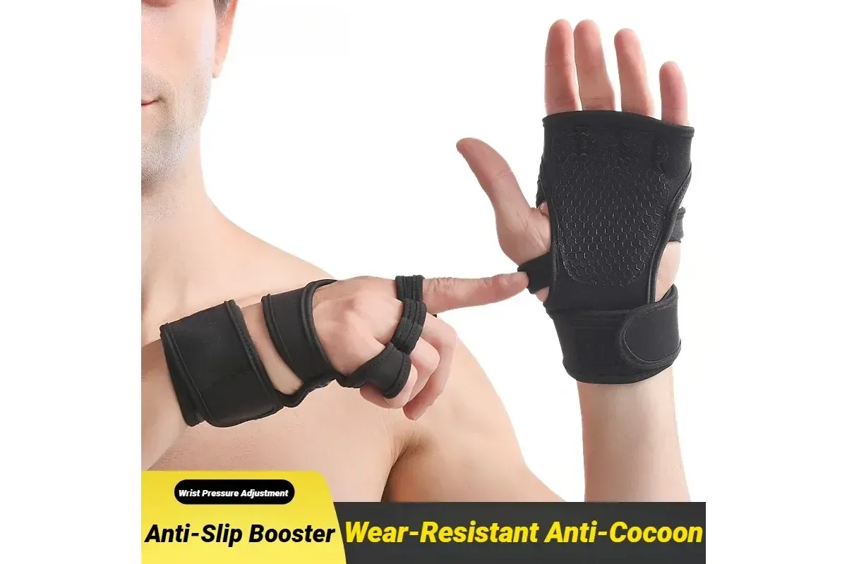 Half Finger Training Sport Gloves For Men Women Workout Fitness Body Building Weightlifting Gym Hand Wrist Protector Dumbbells - Black (1pair) L - Image 2