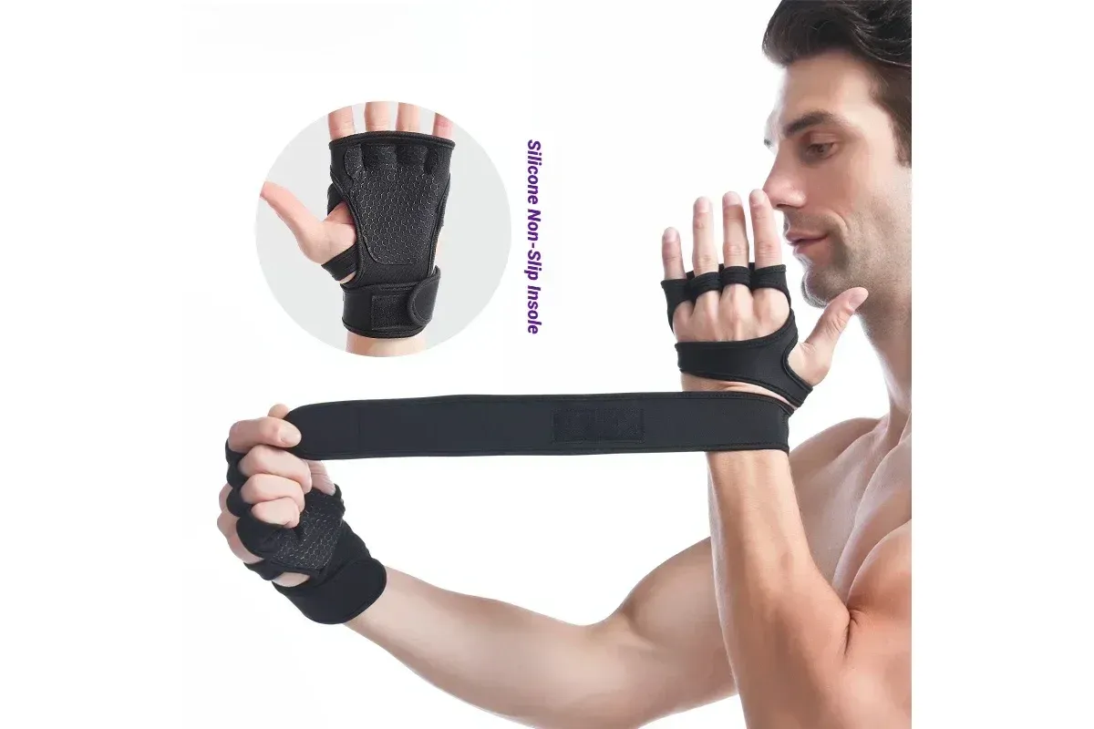 Half Finger Training Sport Gloves For Men Women Workout Fitness Body Building Weightlifting Gym Hand Wrist Protector Dumbbells - Red (1pair) L - Image 5