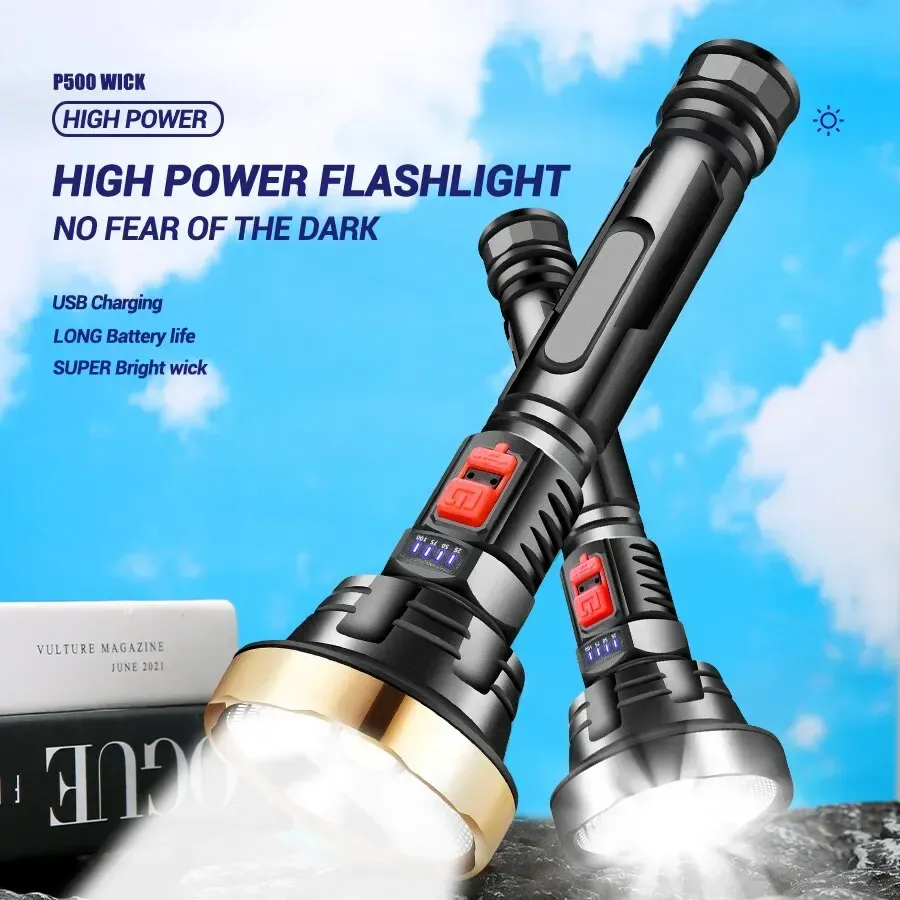 LED Flashlight USB Rechargeable Tactical Hunting Camping Lantern Built-in Battery Power Display - Gold - Image 2