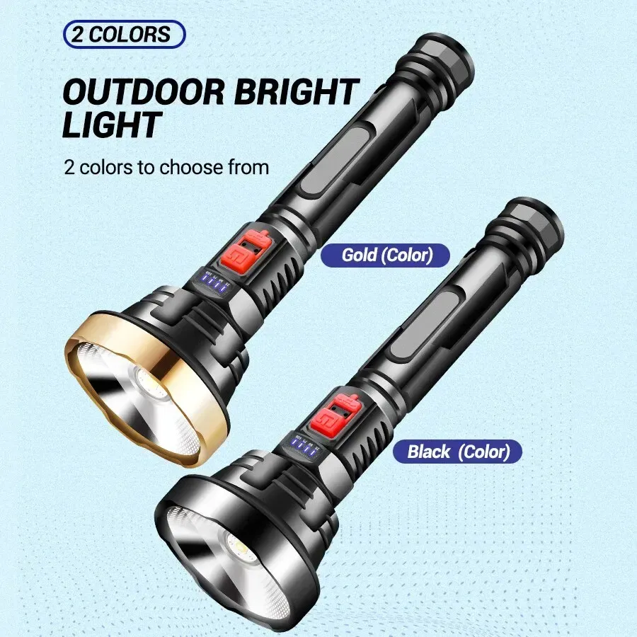 LED Flashlight USB Rechargeable Tactical Hunting Camping Lantern Built-in Battery Power Display - Gold - Image 4