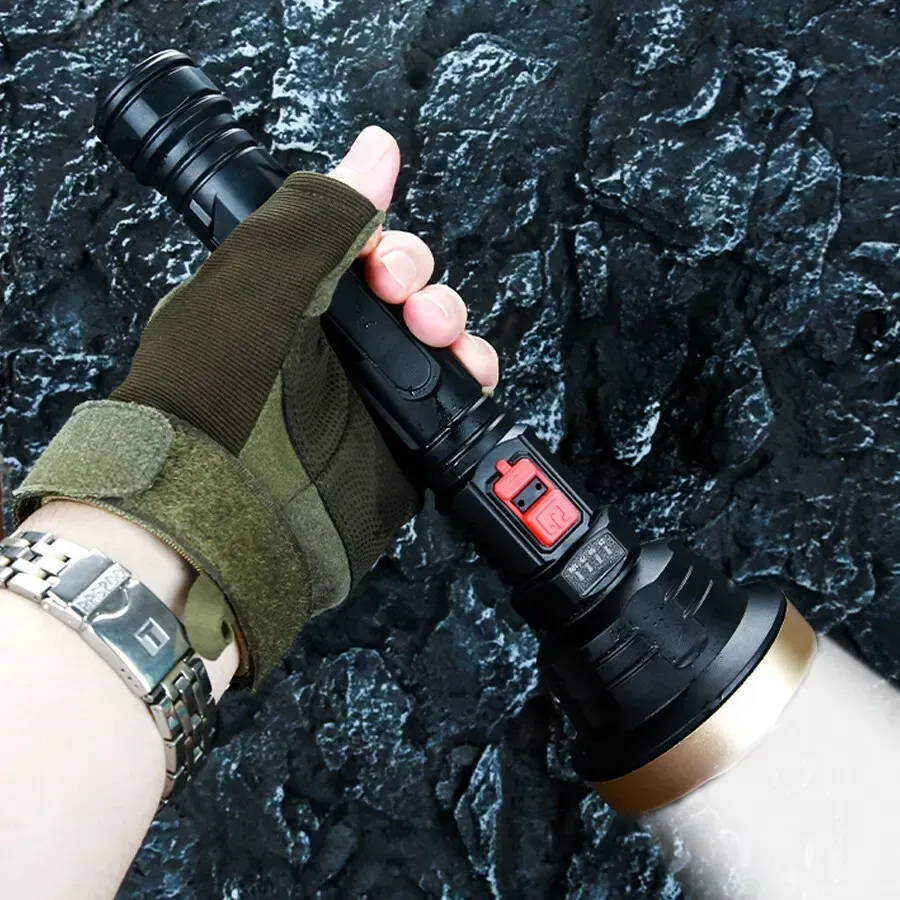 LED Flashlight USB Rechargeable Tactical Hunting Camping Lantern Built-in Battery Power Display - Gold - Image 5