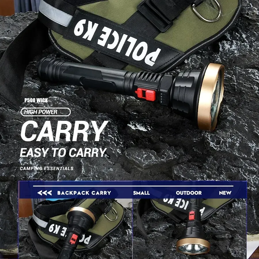 LED Flashlight USB Rechargeable Tactical Hunting Camping Lantern Built-in Battery Power Display - Gold - Image 6