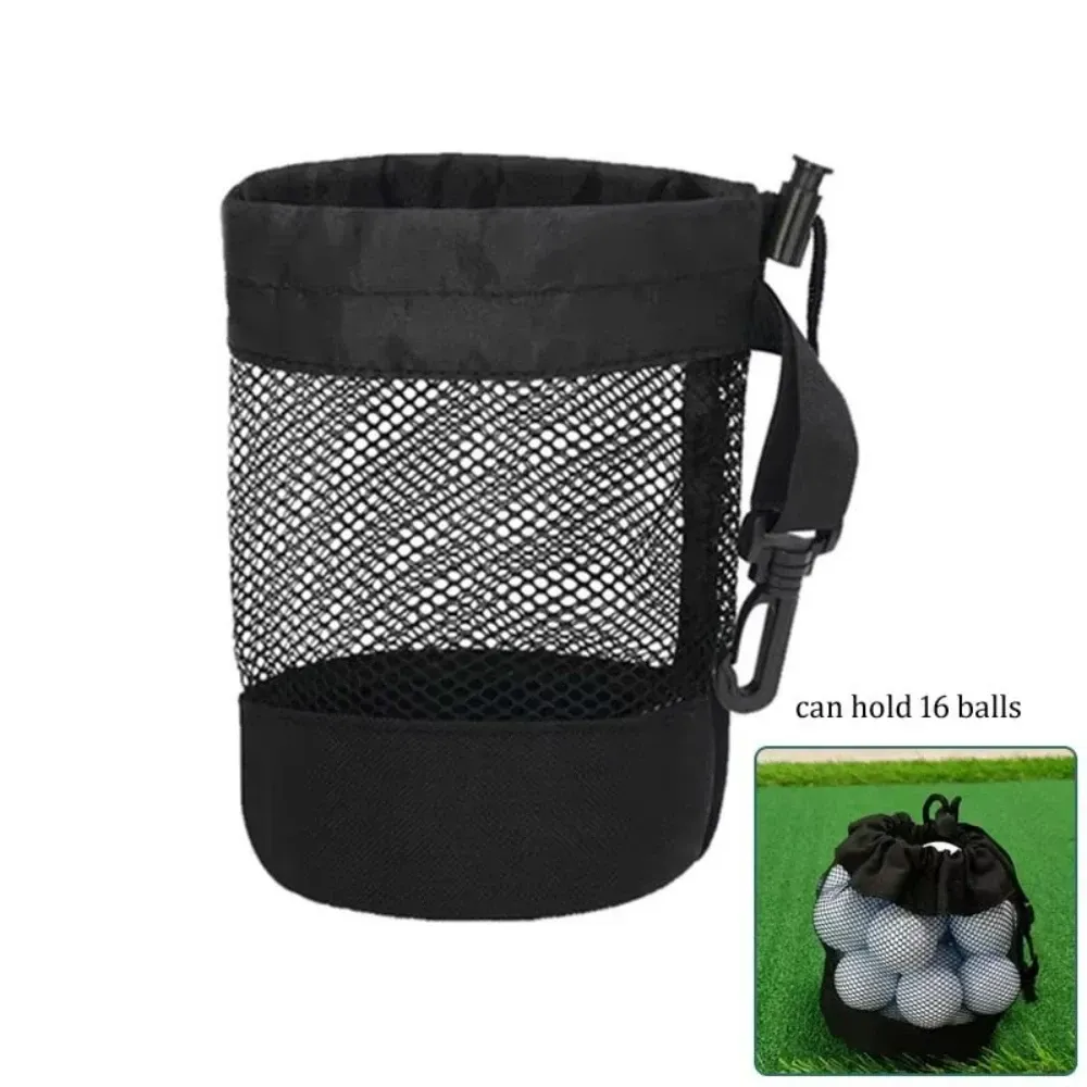 Mesh nylon drawstring golf bag holds 16 golf balls suitable for family outings single-sided drawstring pocket - Black - Image 5