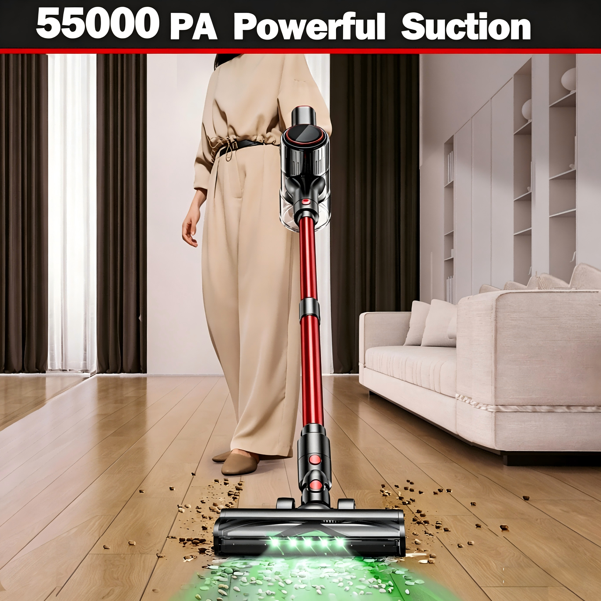 Cordless Vacuum Cleaner 8 in 1 55Kpa Powerful Suction Lightweight,LED Display,45Mins Detachable Battery Vacuum for Floor/Carpet - Image 3