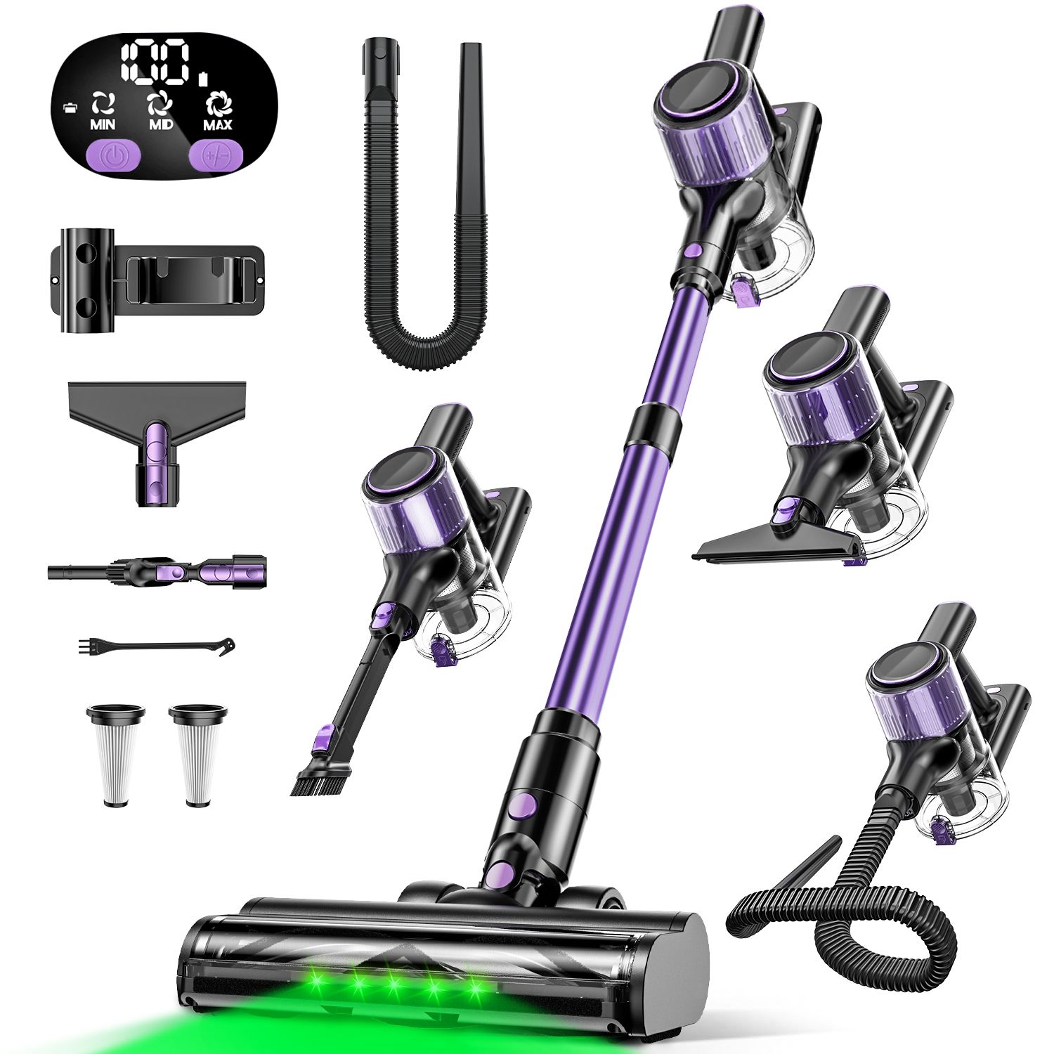 Cordless Vacuum Cleaner, 10 in 1 Stick Vacuum with Powerful Suction, Hose, Green LED Light, Anti-Tangle Brush, 55Kpa Lightweight Rechargeable Vacuum Cleaner for Home, Hardwood Floors, Carpets, Pet Hair. - Image 1