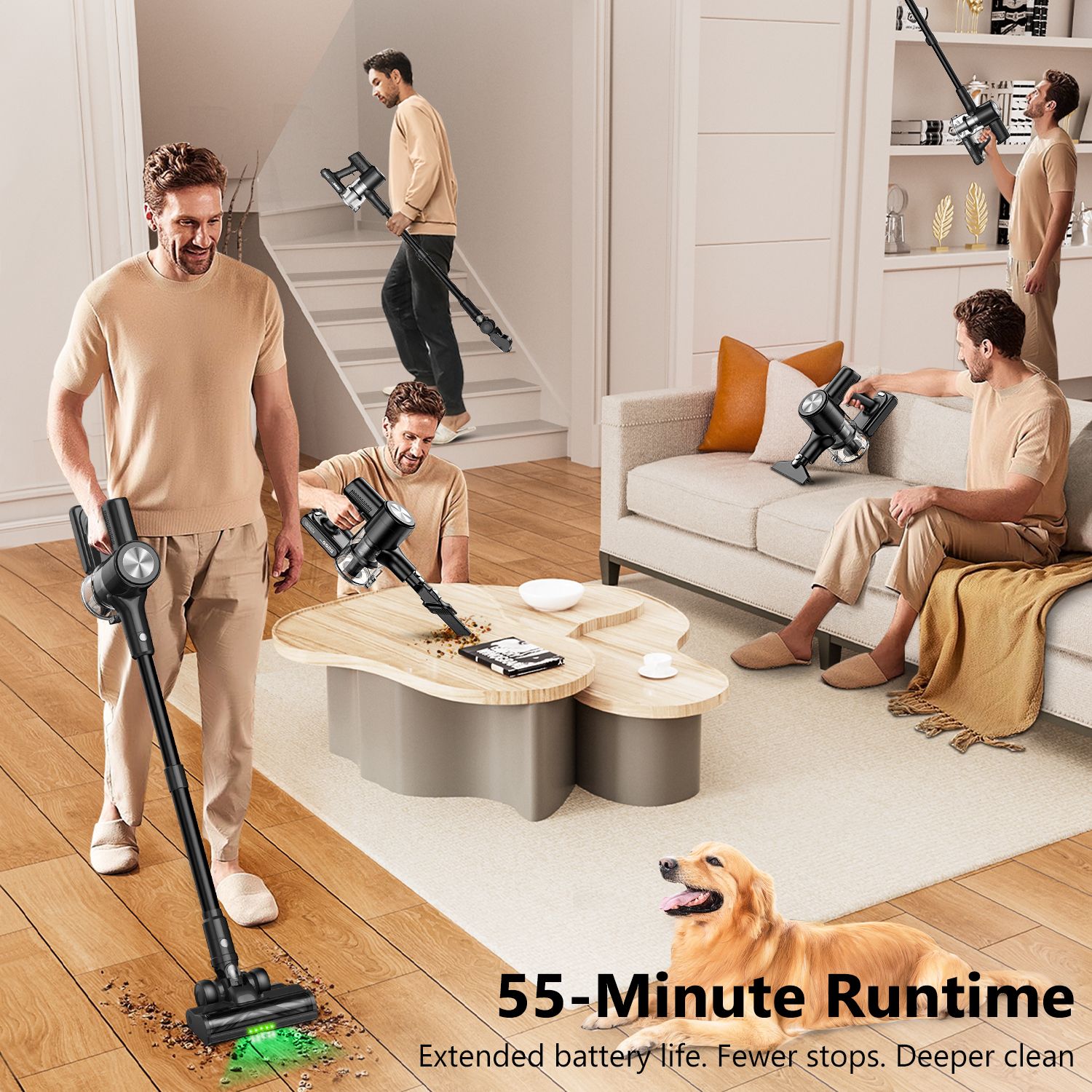 Cordless Vacuum Cleaner, 55Kpa/55Mins Vacuum Cleaners for Home. Self-Standing Stick Vacuum with Rechargeable Dock，LED Display & Anti-Tangle，Lightweight Rechargeable Vacuum for Carpet，Floor - Image 6