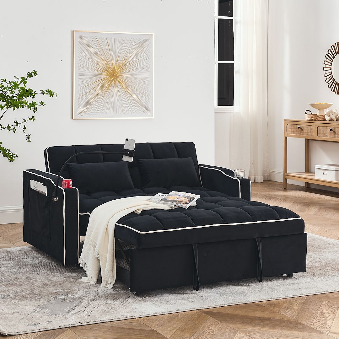 Fashionable Modern and Multi-functional Foldable Velvet Sofa Bed - Black - Image 1