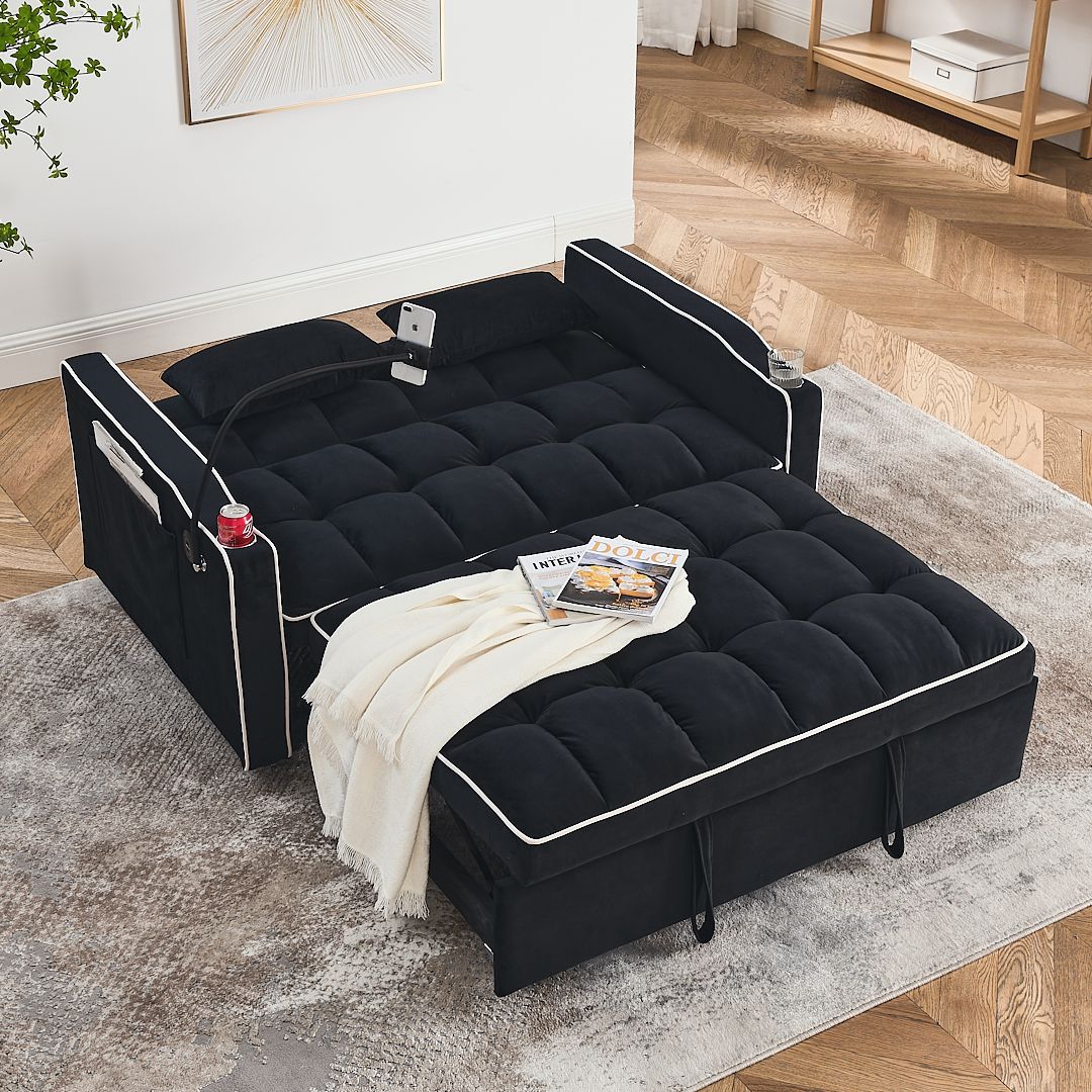 Fashionable Modern and Multi-functional Foldable Velvet Sofa Bed - Black - Image 2