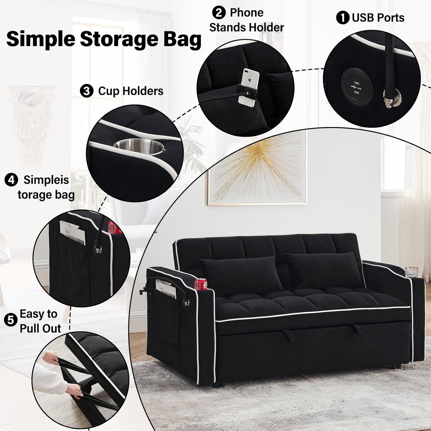 Fashionable Modern and Multi-functional Foldable Velvet Sofa Bed - Black - Image 4