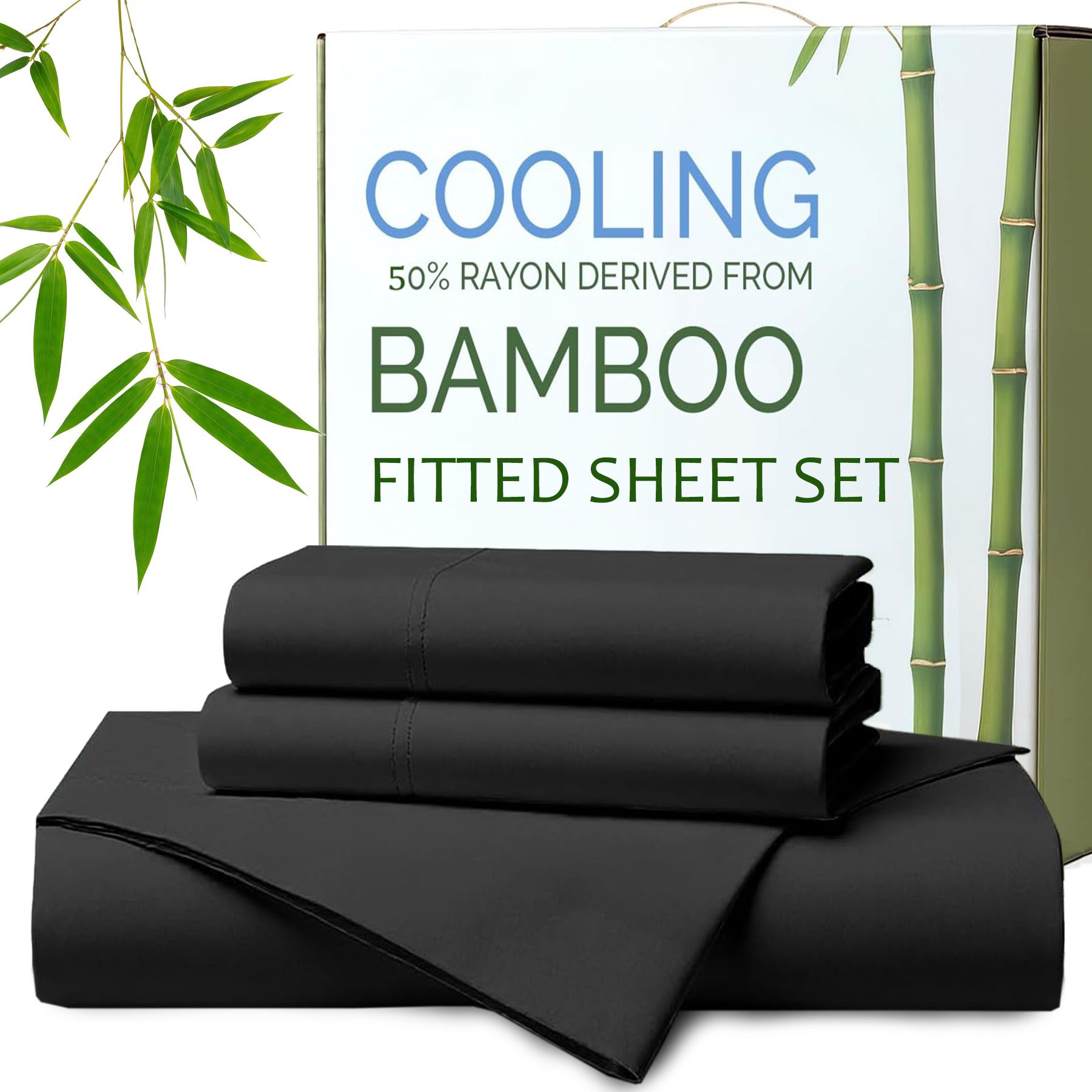 Hotel Breathable Bamboo Fitted Sheet & Pillowcase-3 Piece-Ultra Soft 2000TC Breathable Fitted Bed Sheets Set with 37 Centimetre Deep Pocket-Cooling Sheets for Hot Sleepers(Black,Double) - Image 1