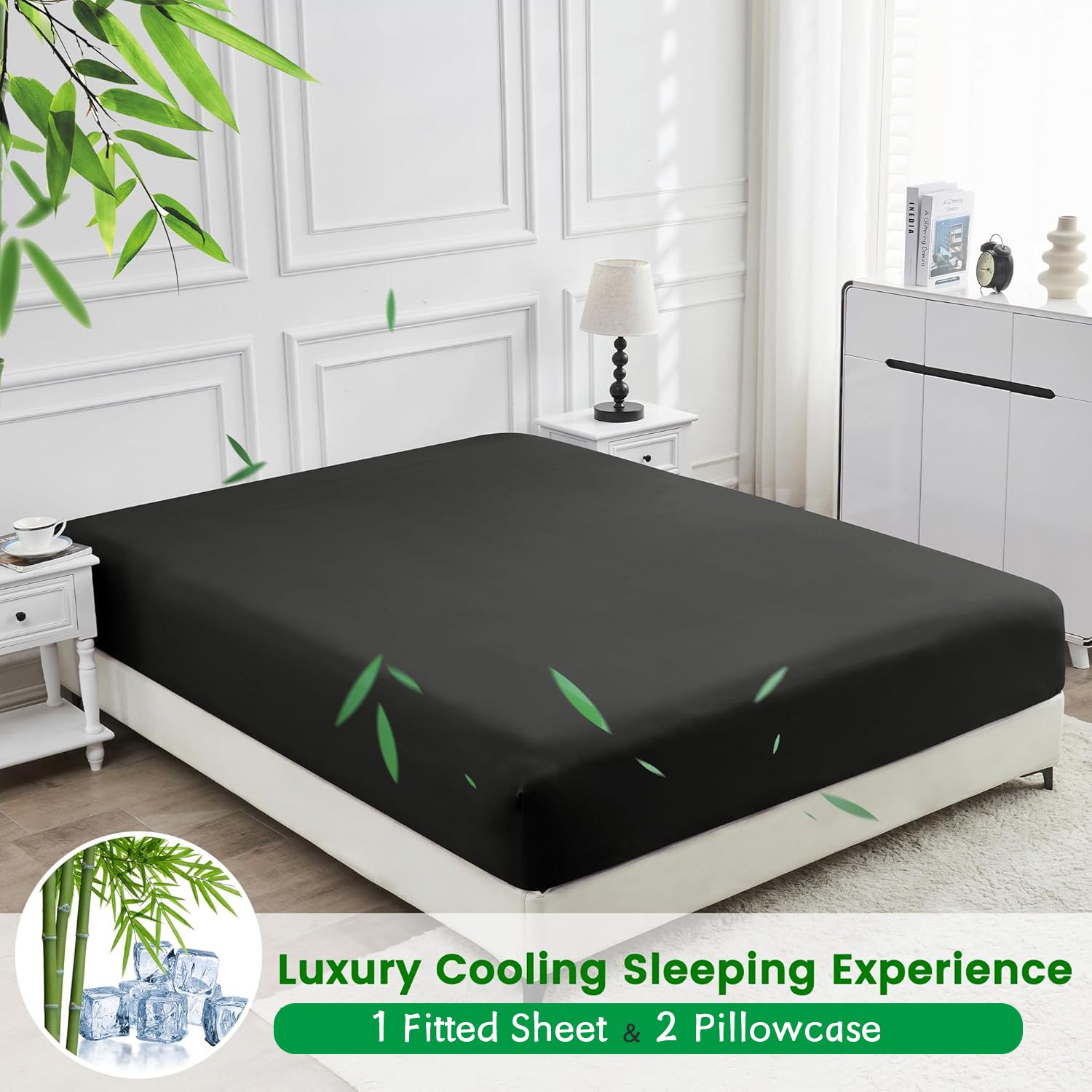 Hotel Breathable Bamboo Fitted Sheet & Pillowcase-3 Piece-Ultra Soft 2000TC Breathable Fitted Bed Sheets Set with 37 Centimetre Deep Pocket-Cooling Sheets for Hot Sleepers(Black,Double) - Image 5
