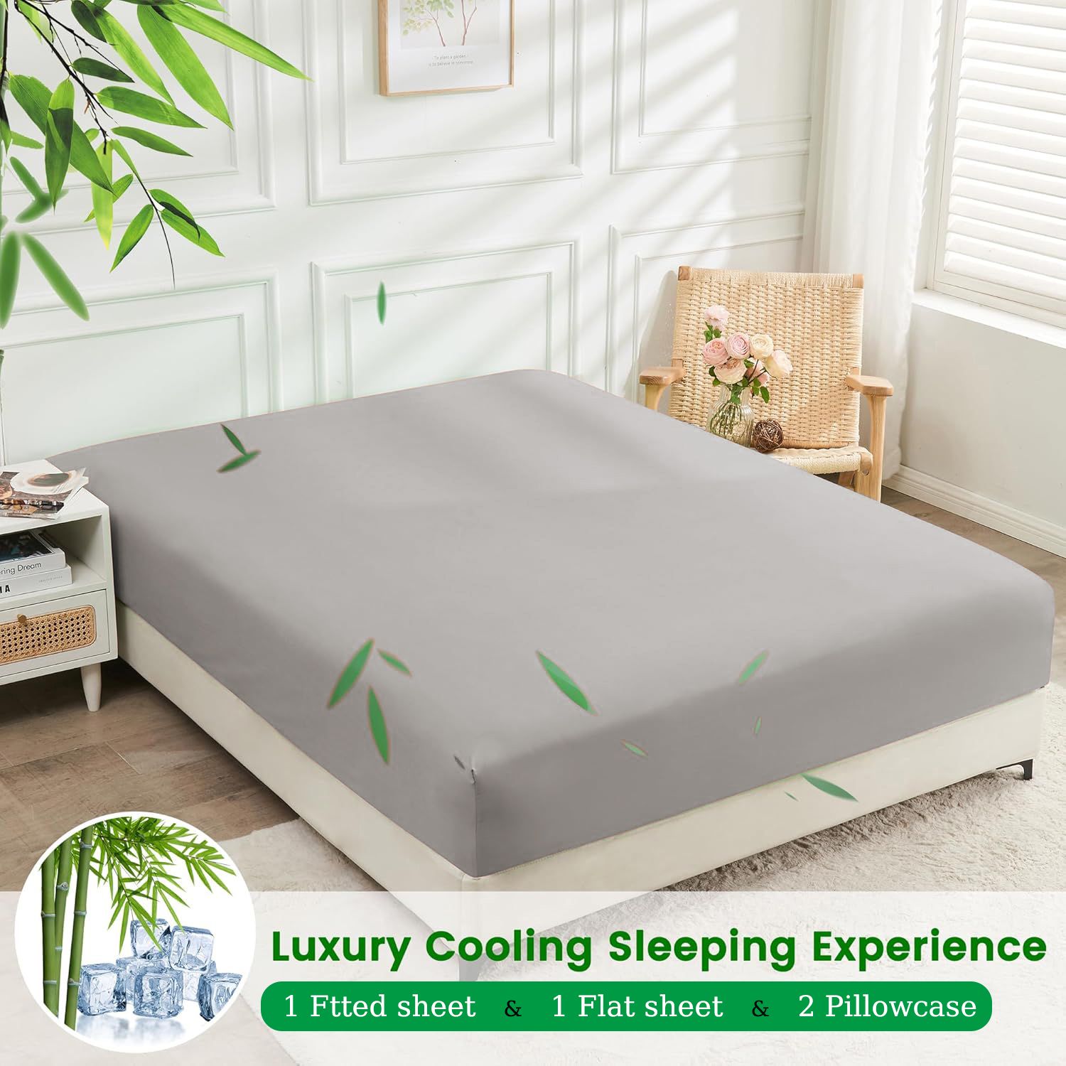 Hotel Breathable Bamboo Fitted Sheet & Pillowcase-3 Piece-Ultra Soft 2000TC Breathable Fitted Bed Sheets Set with 37 Centimetre Deep Pocket-Cooling Sheets for Hot Sleepers(Silver-gray,Double) - Image 5