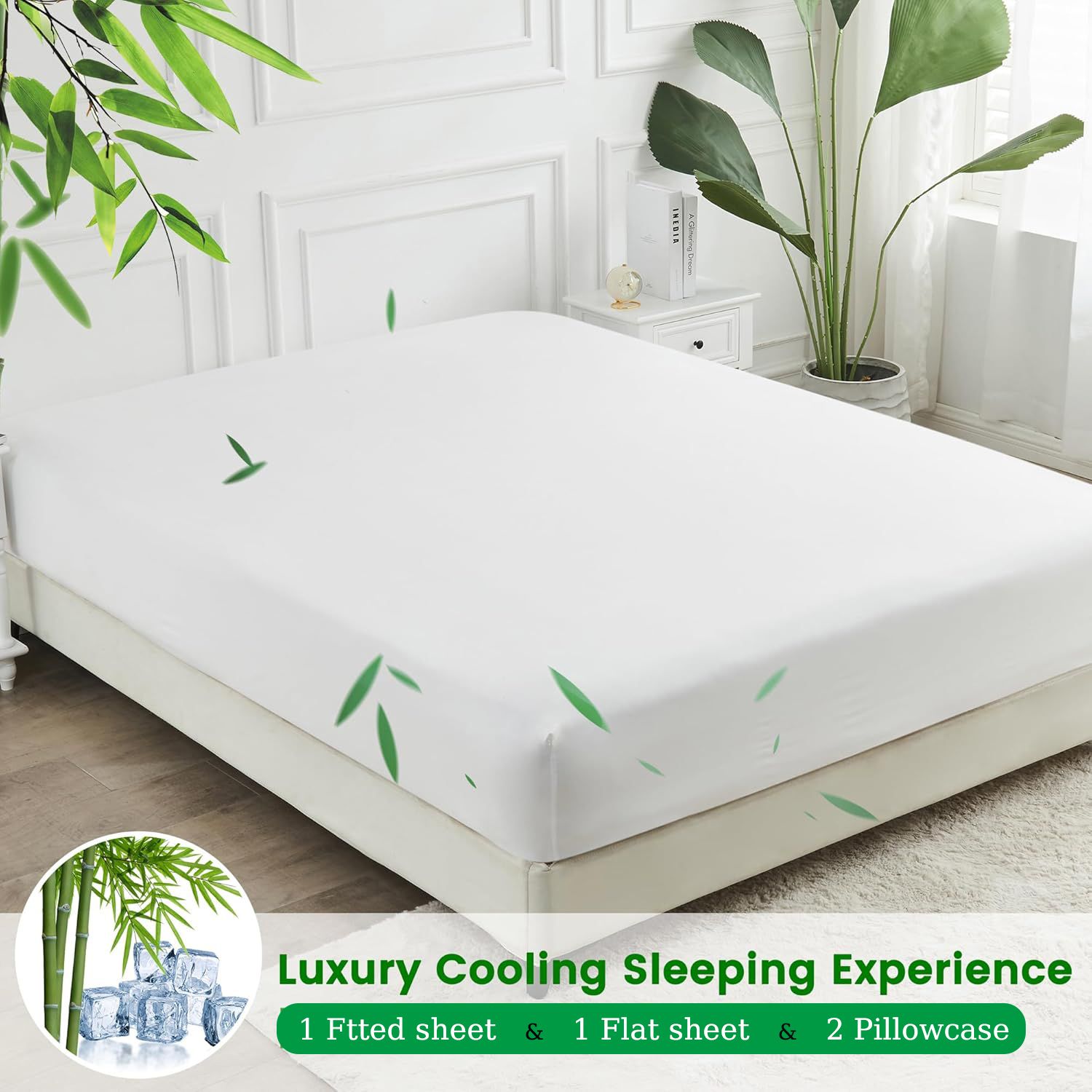 Hotel Breathable Bamboo Fitted Sheet & Pillowcase-3 Piece-Ultra Soft 2000TC Breathable Fitted Bed Sheets Set with 37 Centimetre Deep Pocket-Cooling Sheets for Hot Sleepers(White,Double) - Image 5