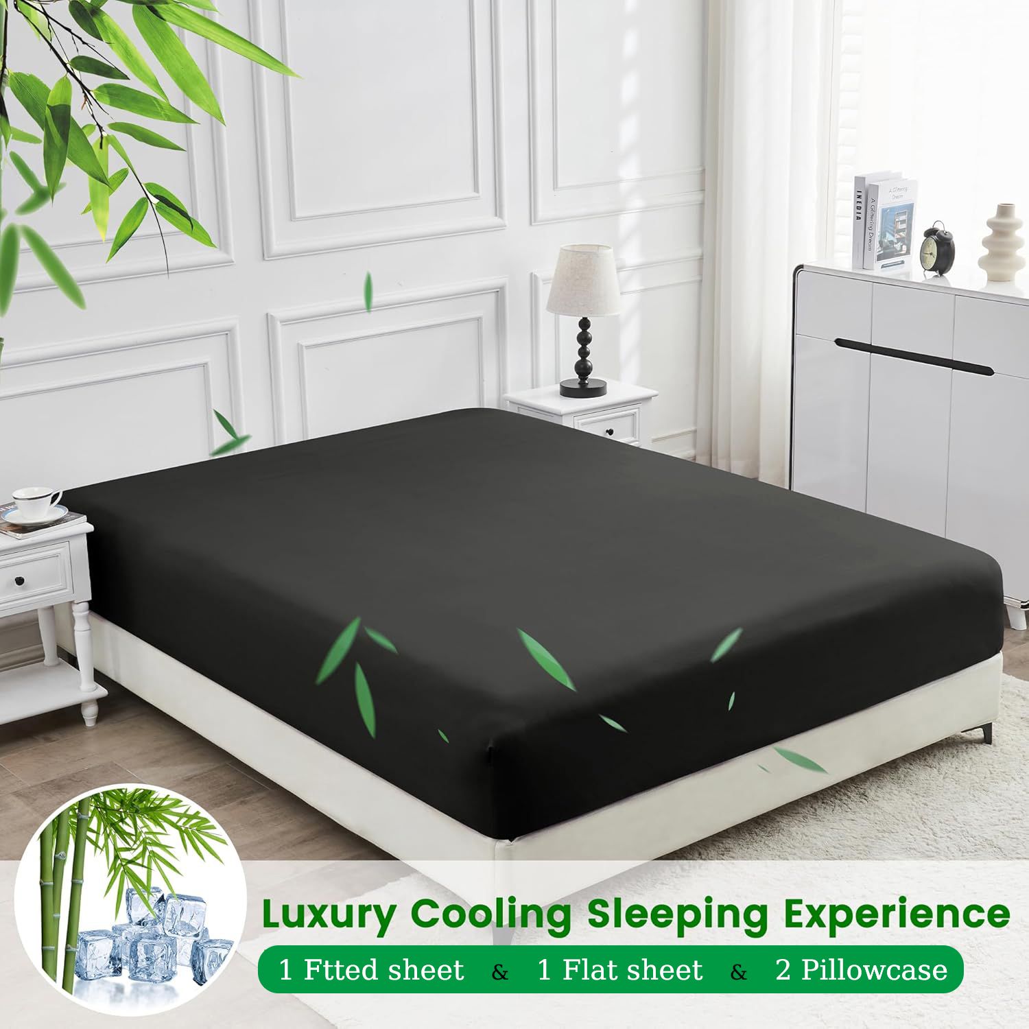 4 Piece Ultra Soft Bamboo Breathable Sheet Set -Hotel 2000TC Breathable Bed Sheets Set with 37 Centimetre Deep Pocket-Breathable Sheets for Hot Sleepers(Black,Double) - Image 2