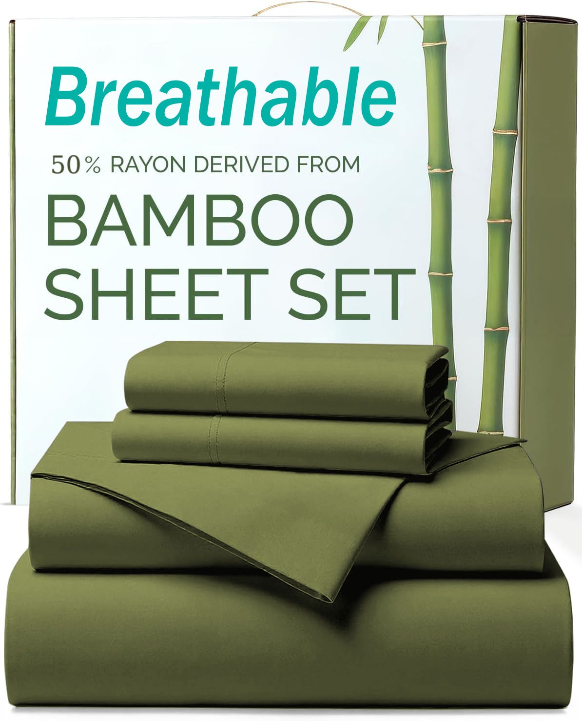 4 Piece Ultra Soft Bamboo Breathable Sheet Set -Hotel 2000TC Breathable Bed Sheets Set with 37 Centimetre Deep Pocket-Breathable Sheets for Hot Sleepers(Olive green,Double) - Image 1
