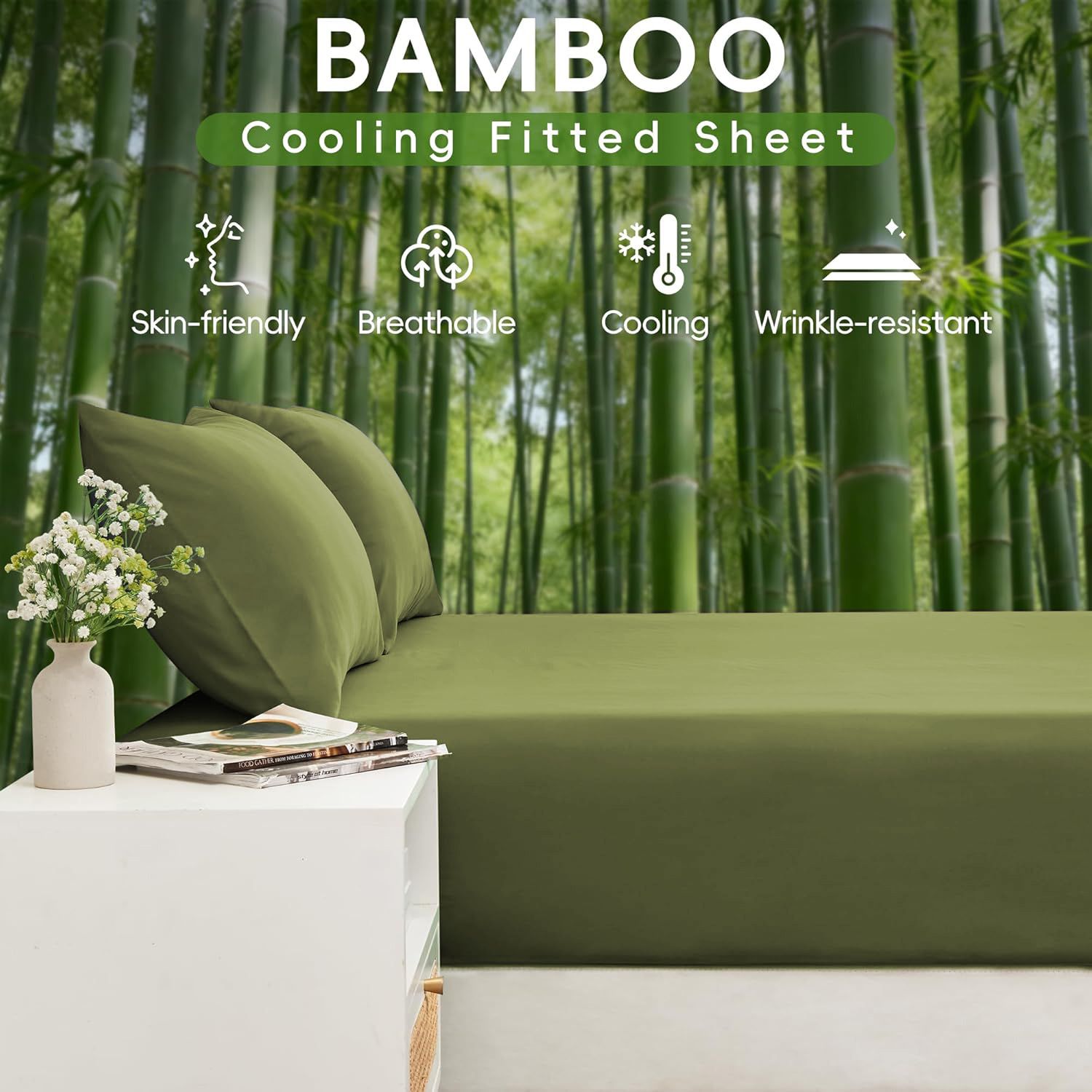 4 Piece Ultra Soft Bamboo Breathable Sheet Set -Hotel 2000TC Breathable Bed Sheets Set with 37 Centimetre Deep Pocket-Breathable Sheets for Hot Sleepers(Olive green,Double) - Image 3