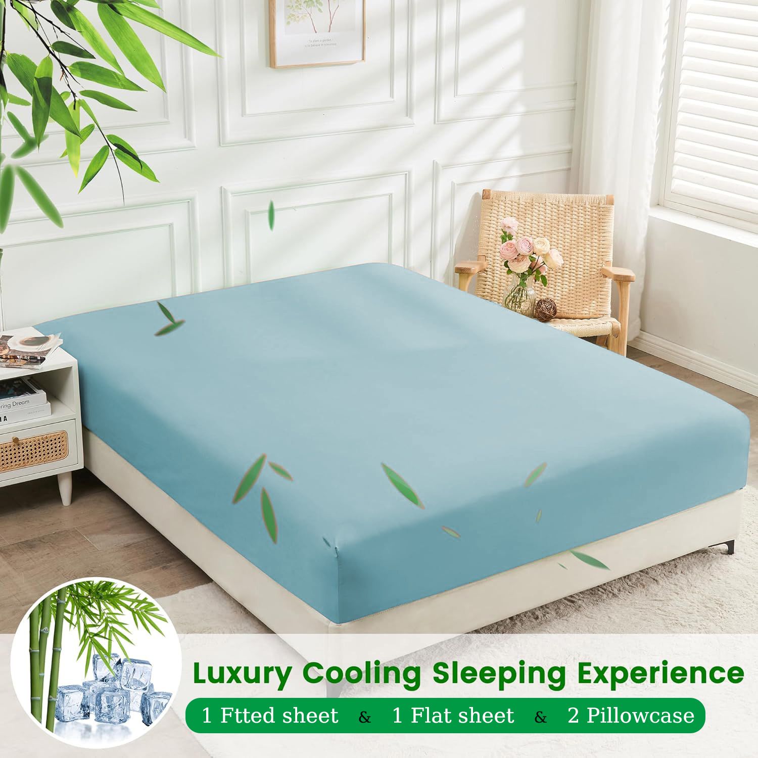 4 Piece Ultra Soft Bamboo Breathable Sheet Set -Hotel 2000TC Breathable Bed Sheets Set with 37 Centimetre Deep Pocket-Breathable Sheets for Hot Sleepers(Sky Blue,Double) - Image 2
