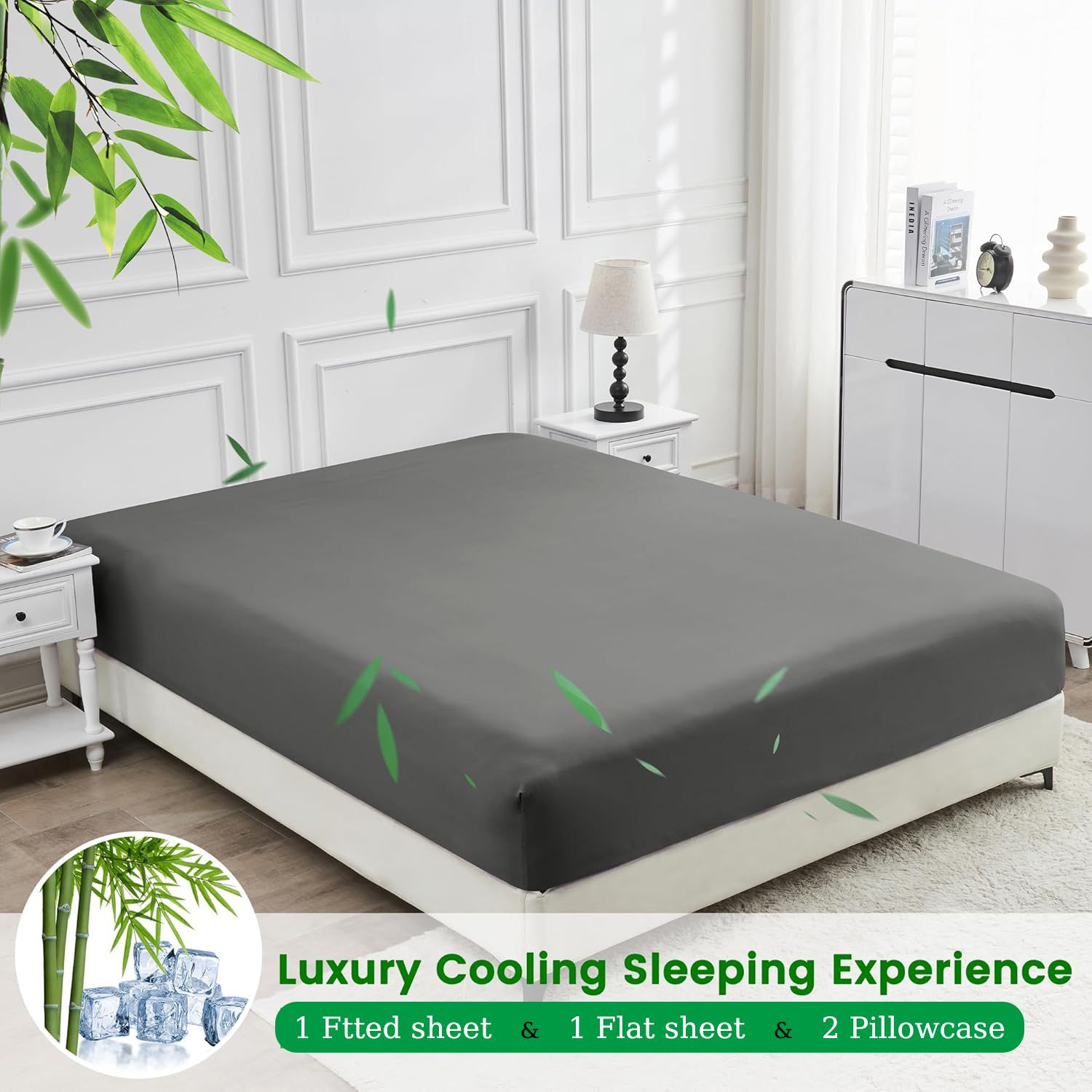 Hotel Breathable Bamboo Fitted Sheet & Pillowcase-3 Piece-Ultra Soft 2000TC Breathable Fitted Bed Sheets Set with 37 Centimetre Deep Pocket-Cooling Sheets for Hot Sleepers(Grey,King) - Image 5