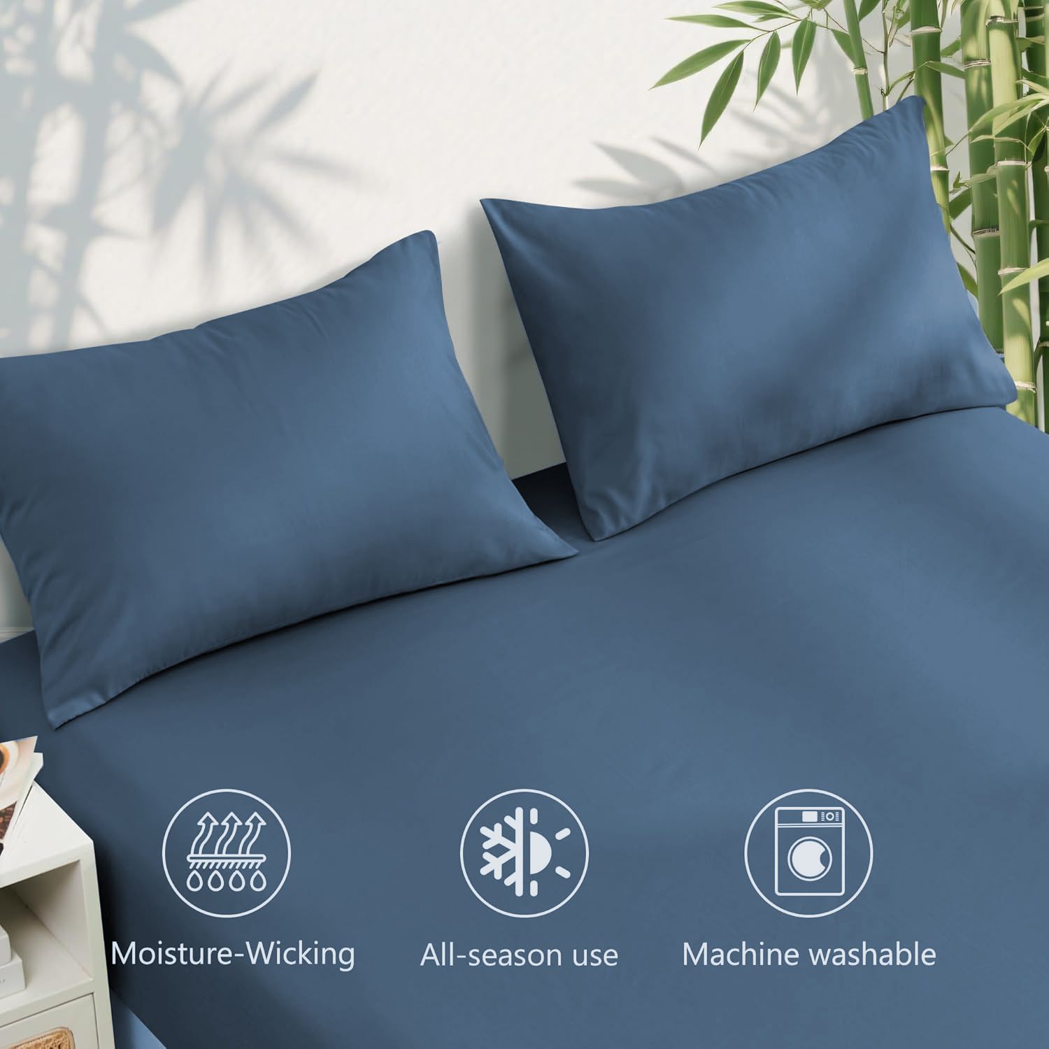 Hotel Breathable Bamboo Fitted Sheet & Pillowcase-3 Piece-Ultra Soft 2000TC Breathable Fitted Bed Sheets Set with 37 Centimetre Deep Pocket-Cooling Sheets for Hot Sleepers(Navy,King) - Image 4