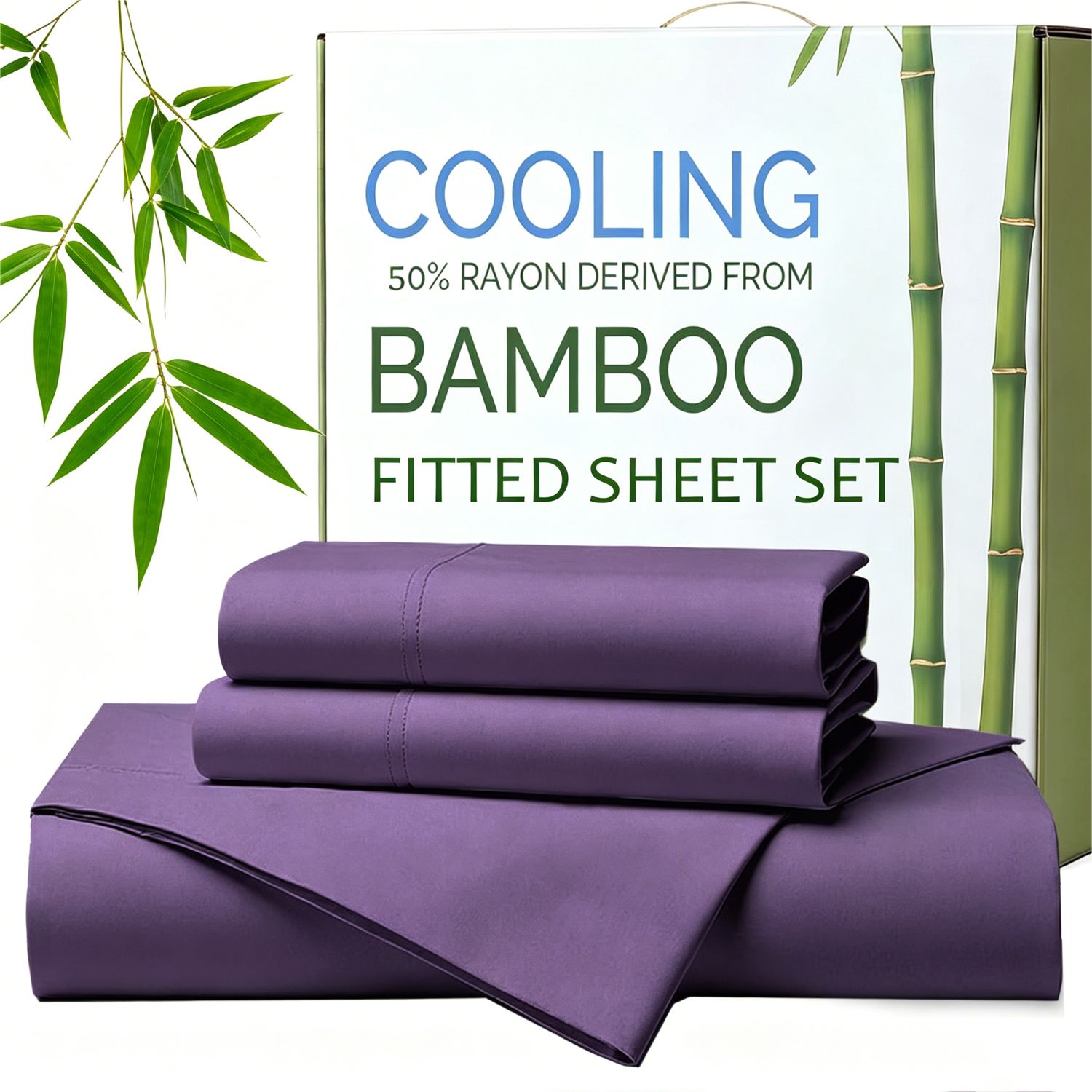 Hotel Breathable Bamboo Fitted Sheet & Pillowcase-3 Piece-Ultra Soft 2000TC Breathable Fitted Bed Sheets Set with 37 Centimetre Deep Pocket-Cooling Sheets for Hot Sleepers(Purple,King) - Image 1