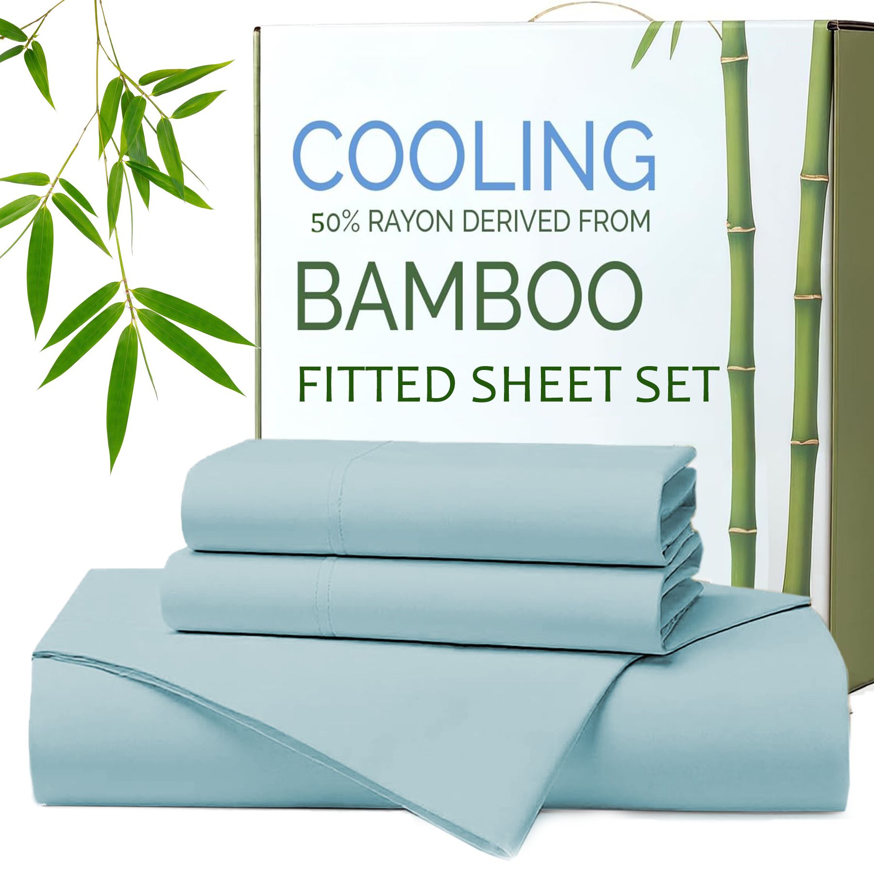 Hotel Breathable Bamboo Fitted Sheet & Pillowcase-3 Piece-Ultra Soft 2000TC Breathable Fitted Bed Sheets Set with 37 Centimetre Deep Pocket-Cooling Sheets for Hot Sleepers(Sky Blue,King) - Image 1
