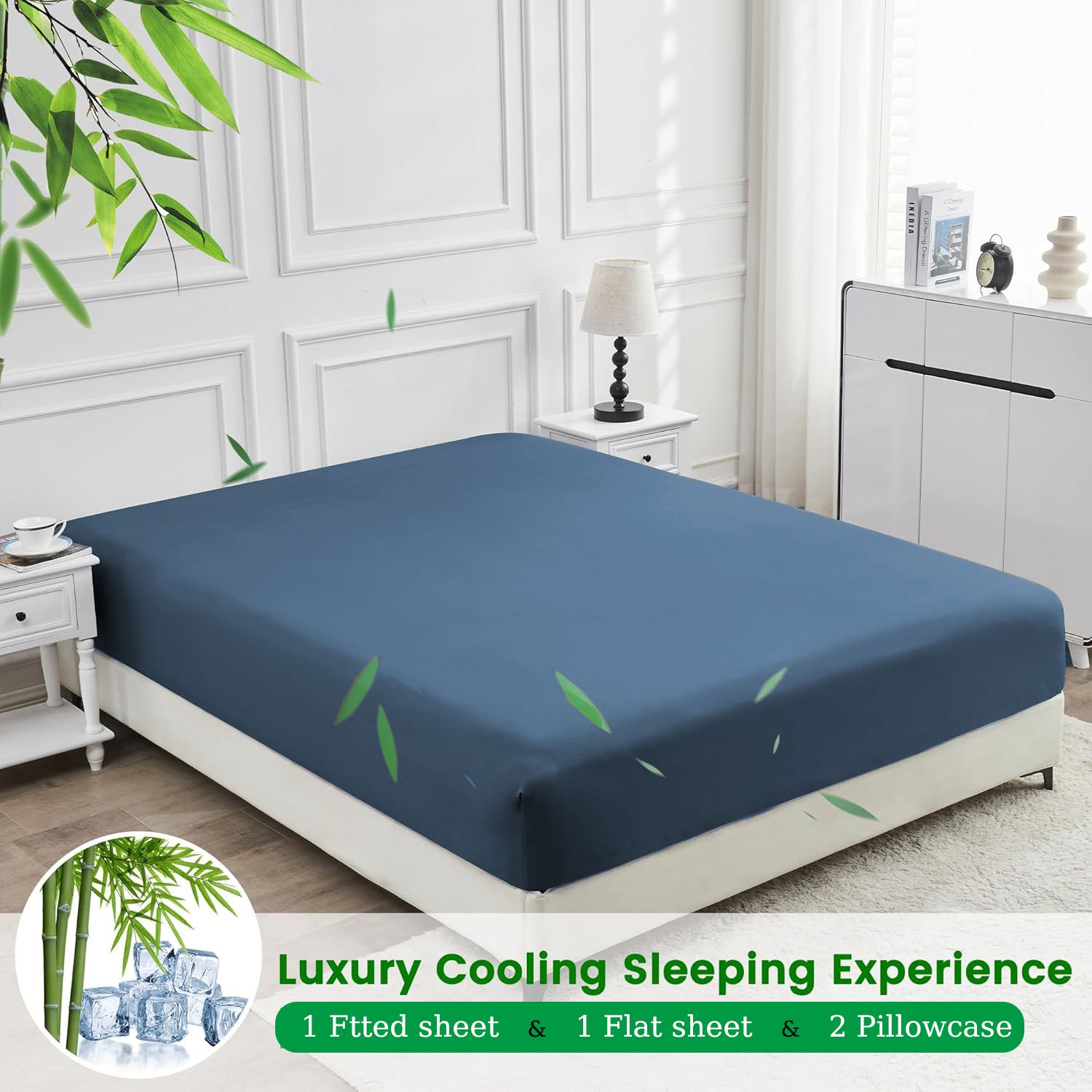4 Piece Ultra Soft Bamboo Breathable Sheet Set -Hotel 2000TC Breathable Bed Sheets Set with 37 Centimetre Deep Pocket-Breathable Sheets for Hot Sleepers(Navy,King) - Image 2