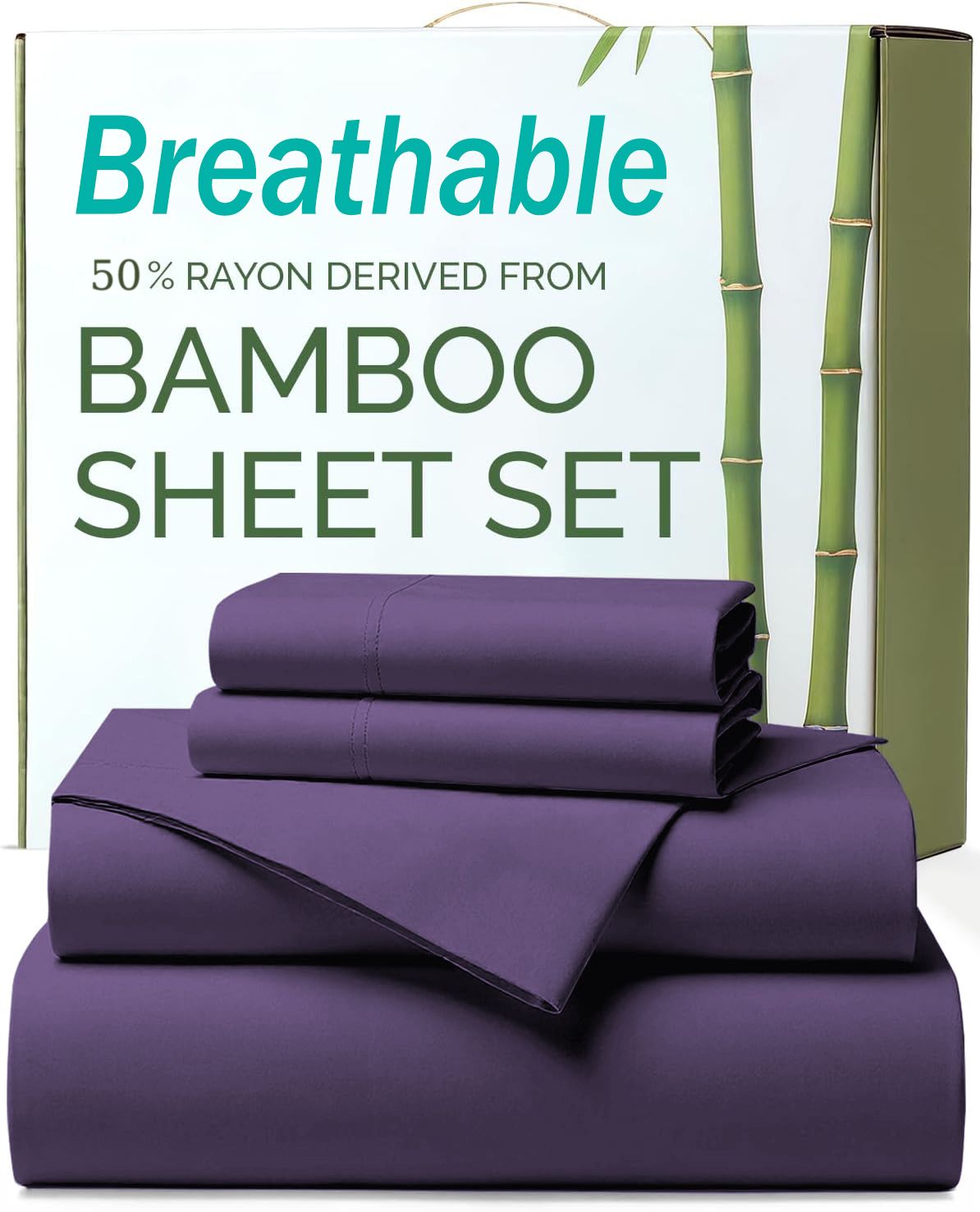 4 Piece Ultra Soft Bamboo Breathable Sheet Set -Hotel 2000TC Breathable Bed Sheets Set with 37 Centimetre Deep Pocket-Breathable Sheets for Hot Sleepers(Purple,King) - Image 1
