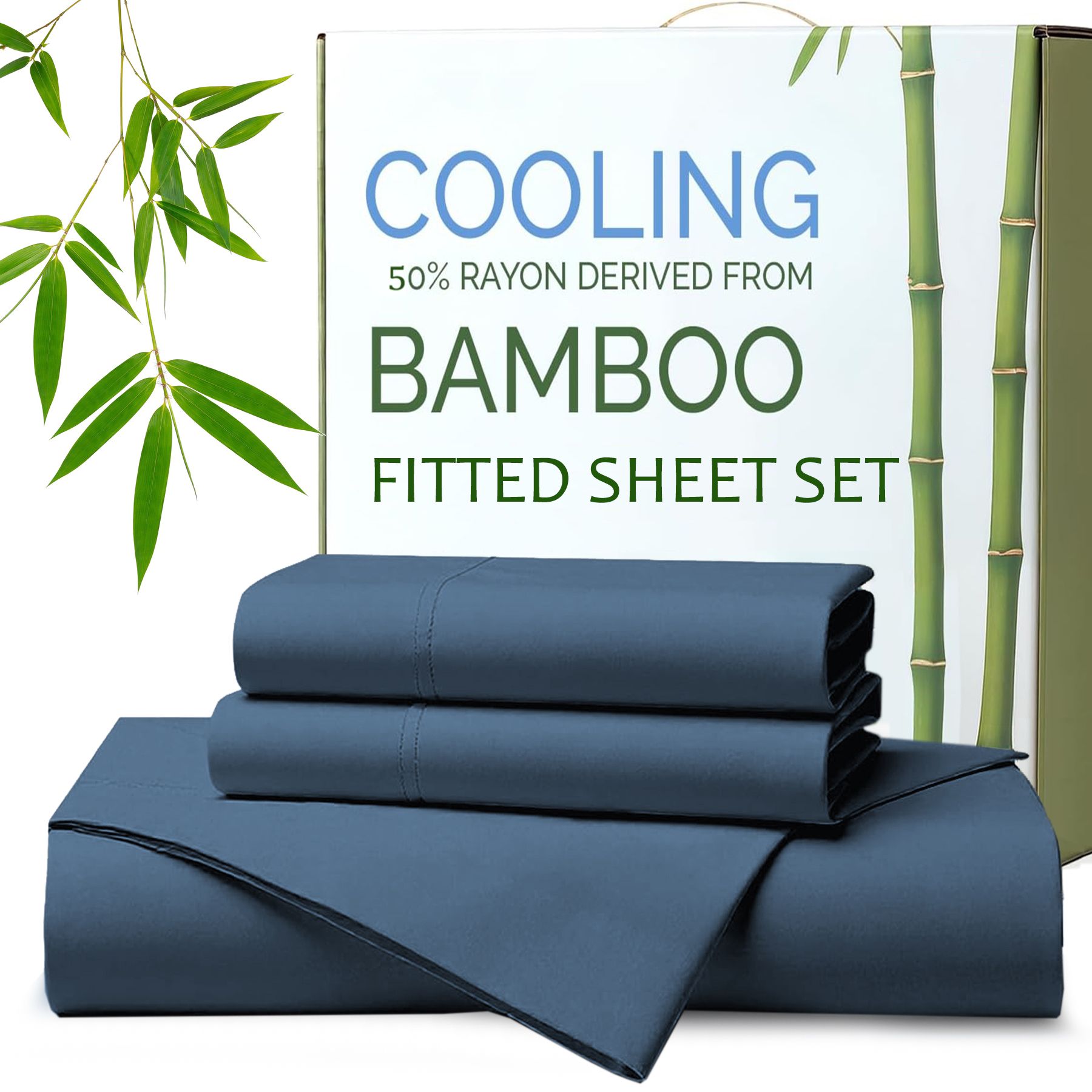 Hotel Breathable Bamboo Fitted Sheet & Pillowcase-2 Piece-Ultra Soft 2000TC Breathable Fitted Bed Sheets Set with 37 Centimetre Deep Pocket-Cooling Sheets for Hot Sleepers(Navy,King Single) - Image 1