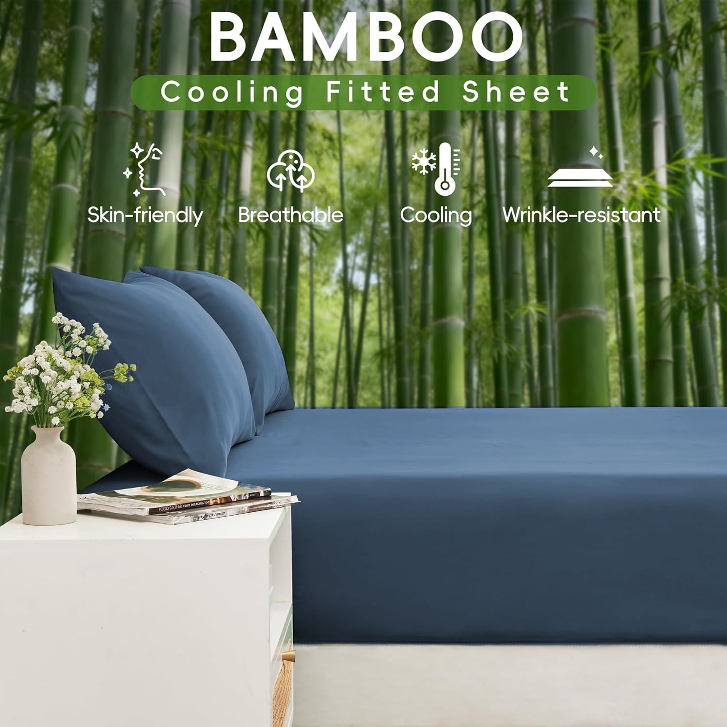 Hotel Breathable Bamboo Fitted Sheet & Pillowcase-2 Piece-Ultra Soft 2000TC Breathable Fitted Bed Sheets Set with 37 Centimetre Deep Pocket-Cooling Sheets for Hot Sleepers(Navy,King Single) - Image 2