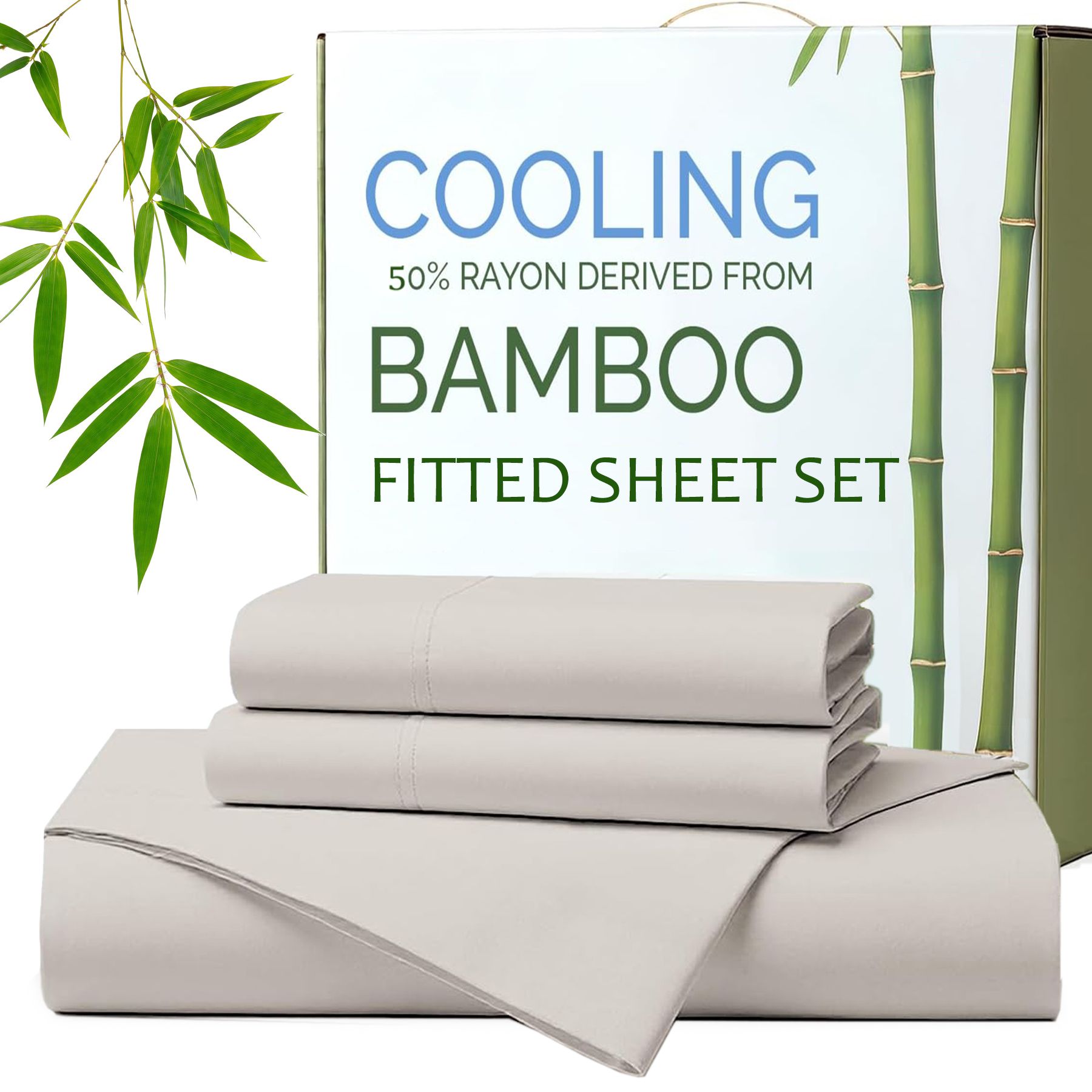 Hotel Breathable Bamboo Fitted Sheet & Pillowcase-3 Piece-Ultra Soft 2000TC Breathable Fitted Bed Sheets Set with 37 Centimetre Deep Pocket-Cooling Sheets for Hot Sleepers(Silver-gray,Queen) - Image 1