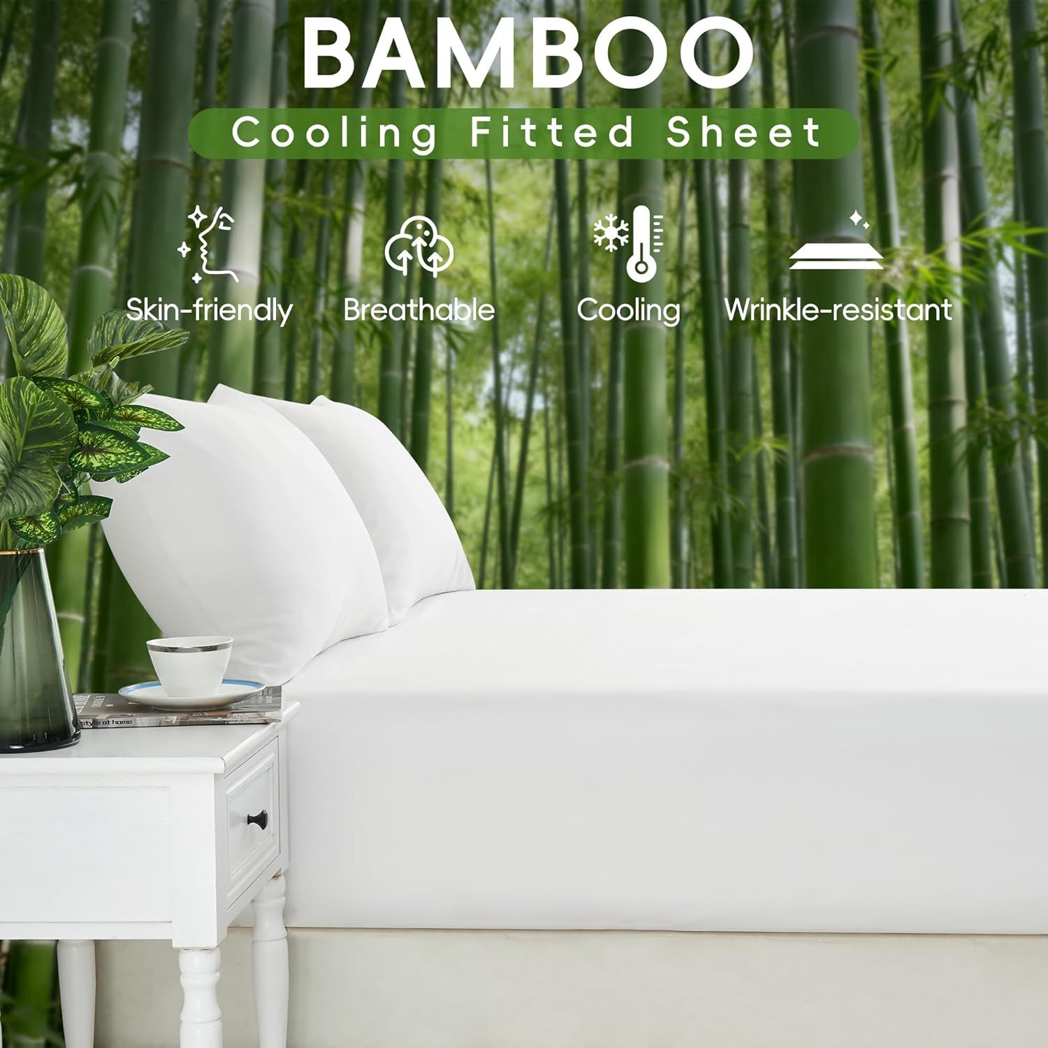 Hotel Breathable Bamboo Fitted Sheet & Pillowcase-3 Piece-Ultra Soft 2000TC Breathable Fitted Bed Sheets Set with 37 Centimetre Deep Pocket-Cooling Sheets for Hot Sleepers(White,Queen) - Image 2