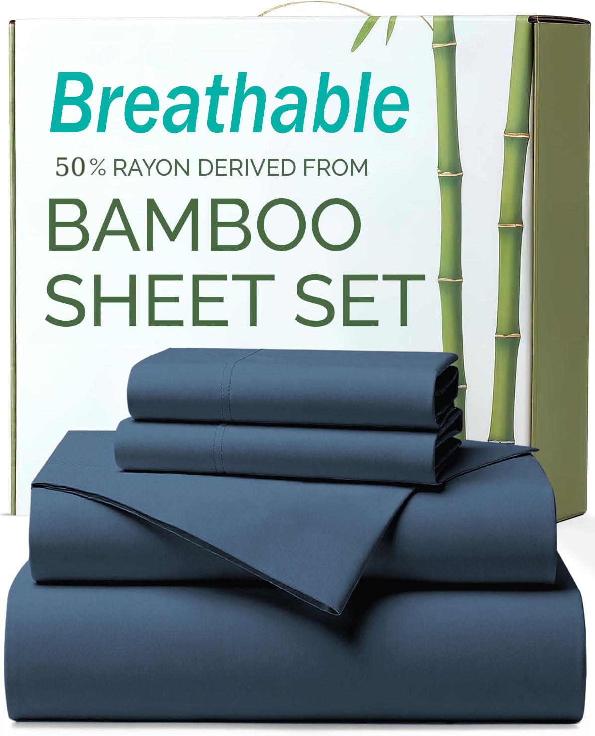 4 Piece Ultra Soft Bamboo Breathable Sheet Set -Hotel 2000TC Breathable Bed Sheets Set with 37 Centimetre Deep Pocket-Breathable Sheets for Hot Sleepers(Navy,Queen) - Image 1