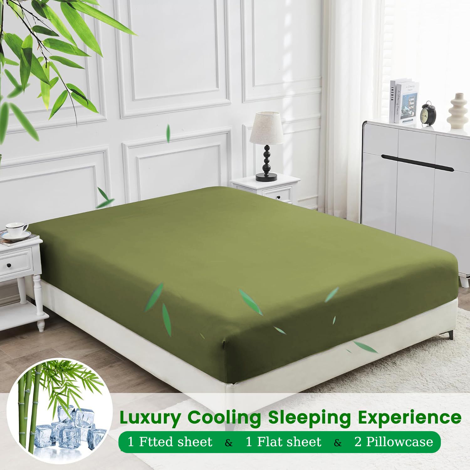 4 Piece Ultra Soft Bamboo Breathable Sheet Set -Hotel 2000TC Breathable Bed Sheets Set with 37 Centimetre Deep Pocket-Breathable Sheets for Hot Sleepers(Olive green,Queen) - Image 2