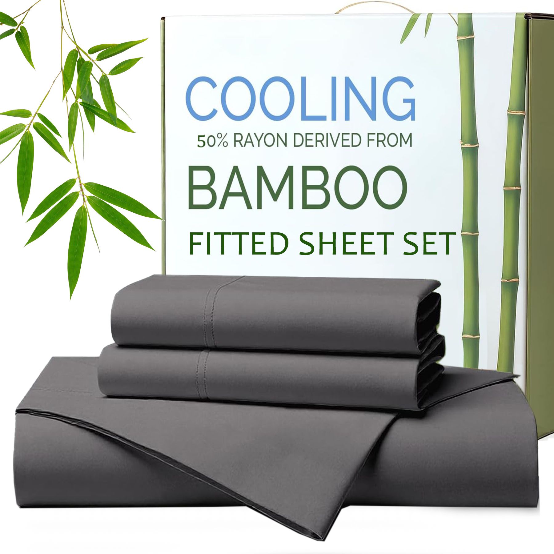 Hotel Breathable Bamboo Fitted Sheet & Pillowcase-3 Piece-Ultra Soft 2000TC Breathable Fitted Bed Sheets Set with 40 Centimetre Deep Pocket-Cooling Sheets for Hot Sleepers(Grey,Super King) - Image 1