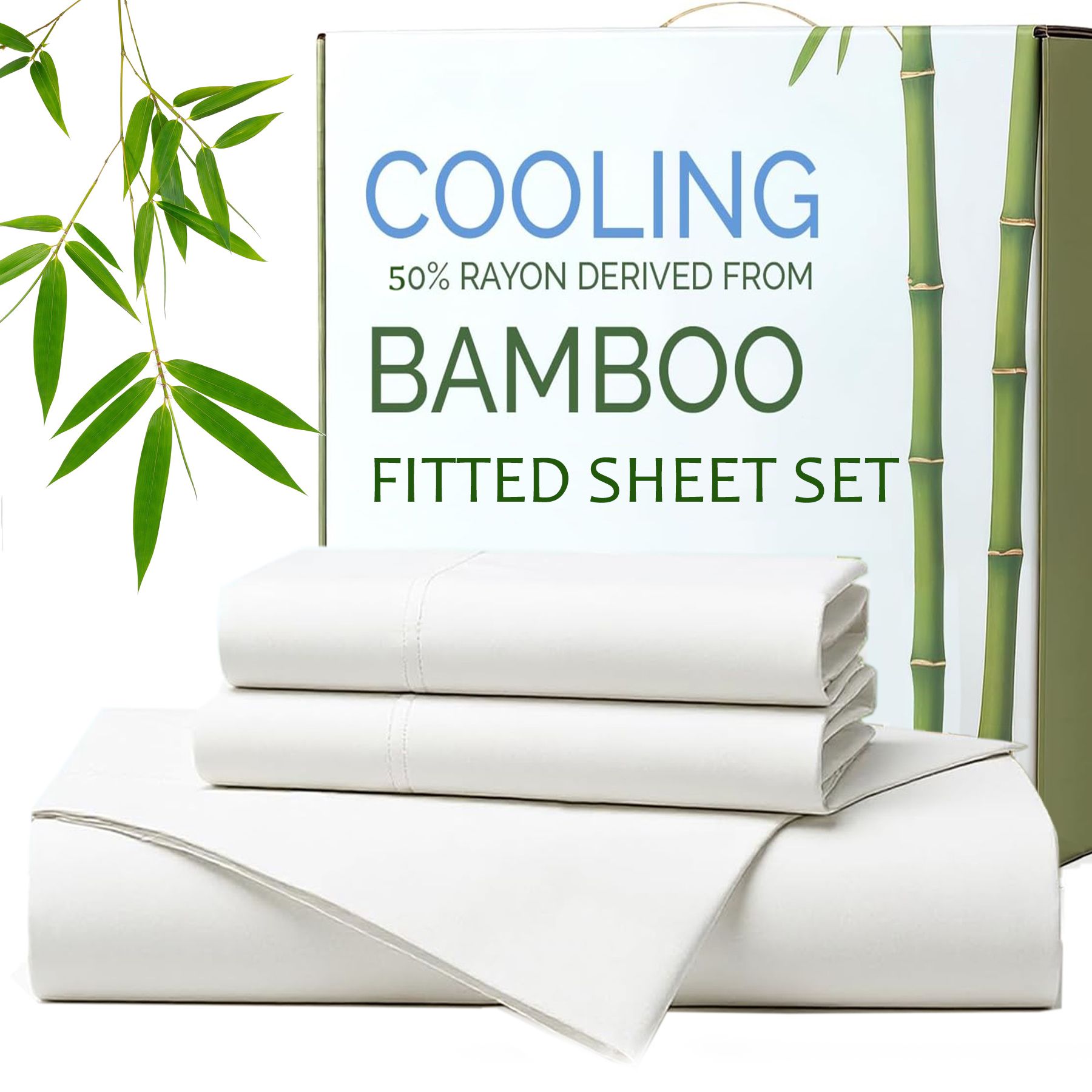 Hotel Breathable Bamboo Fitted Sheet & Pillowcase-3 Piece-Ultra Soft 2000TC Breathable Fitted Bed Sheets Set with 40 Centimetre Deep Pocket-Cooling Sheets for Hot Sleepers(White,Super King) - Image 1