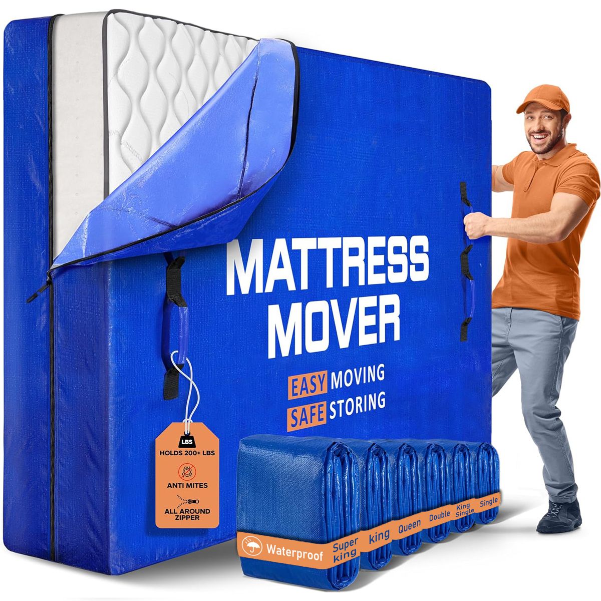 Waterproof Mattress Bag Mattresses Protector Plastic Moving Storage Dust Cover Carry Bed Zipper Packing Reusable Disposal, Extra Thick Heavy Duty, with 8 Handles(Queen) - Image 1