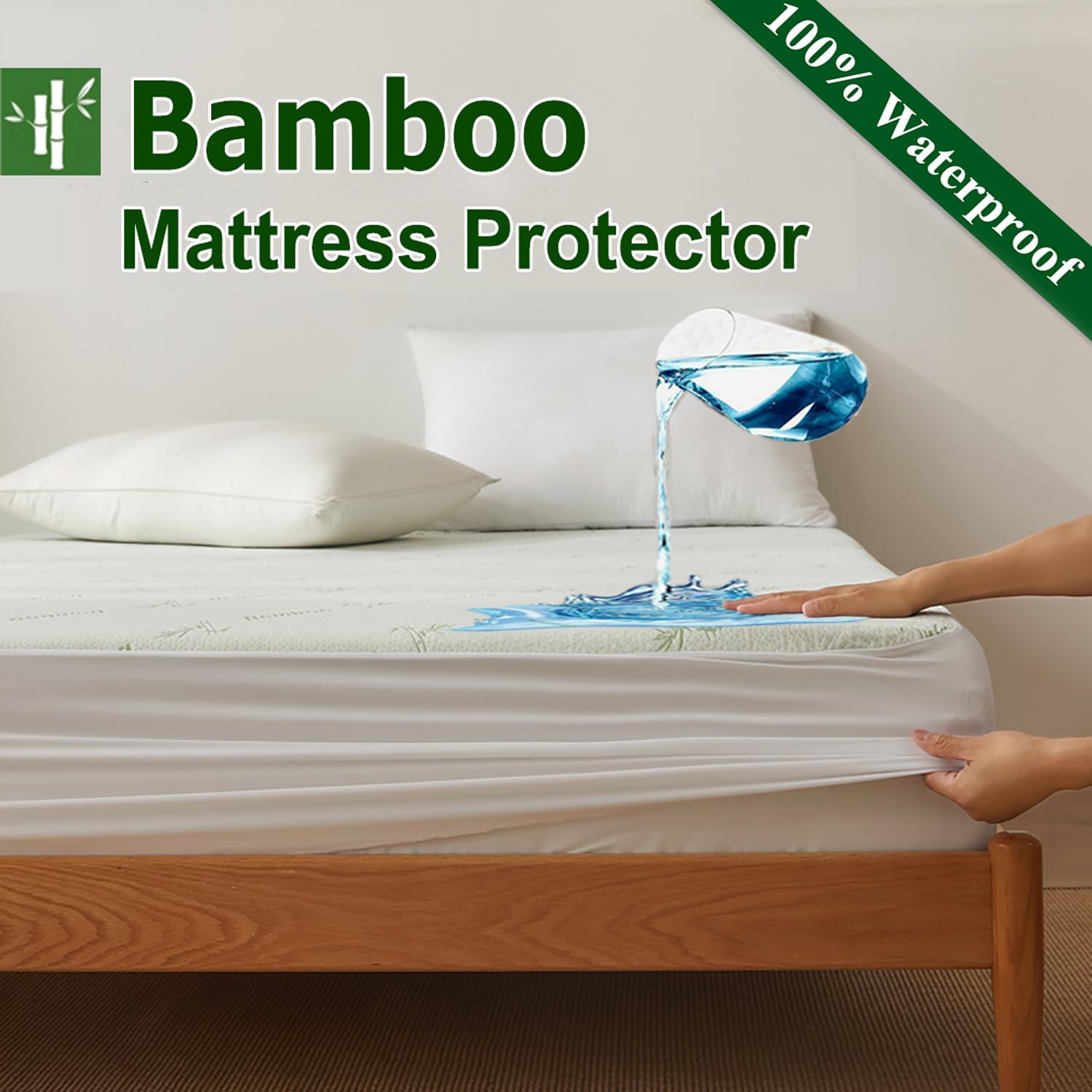 Bamboo Mattress Protector,Breathable Waterproof Mattress Cover,3D Air Fabric Cooling Bed Pad Cover, Deep Pocket 40cm(Queen,Green) - Image 1