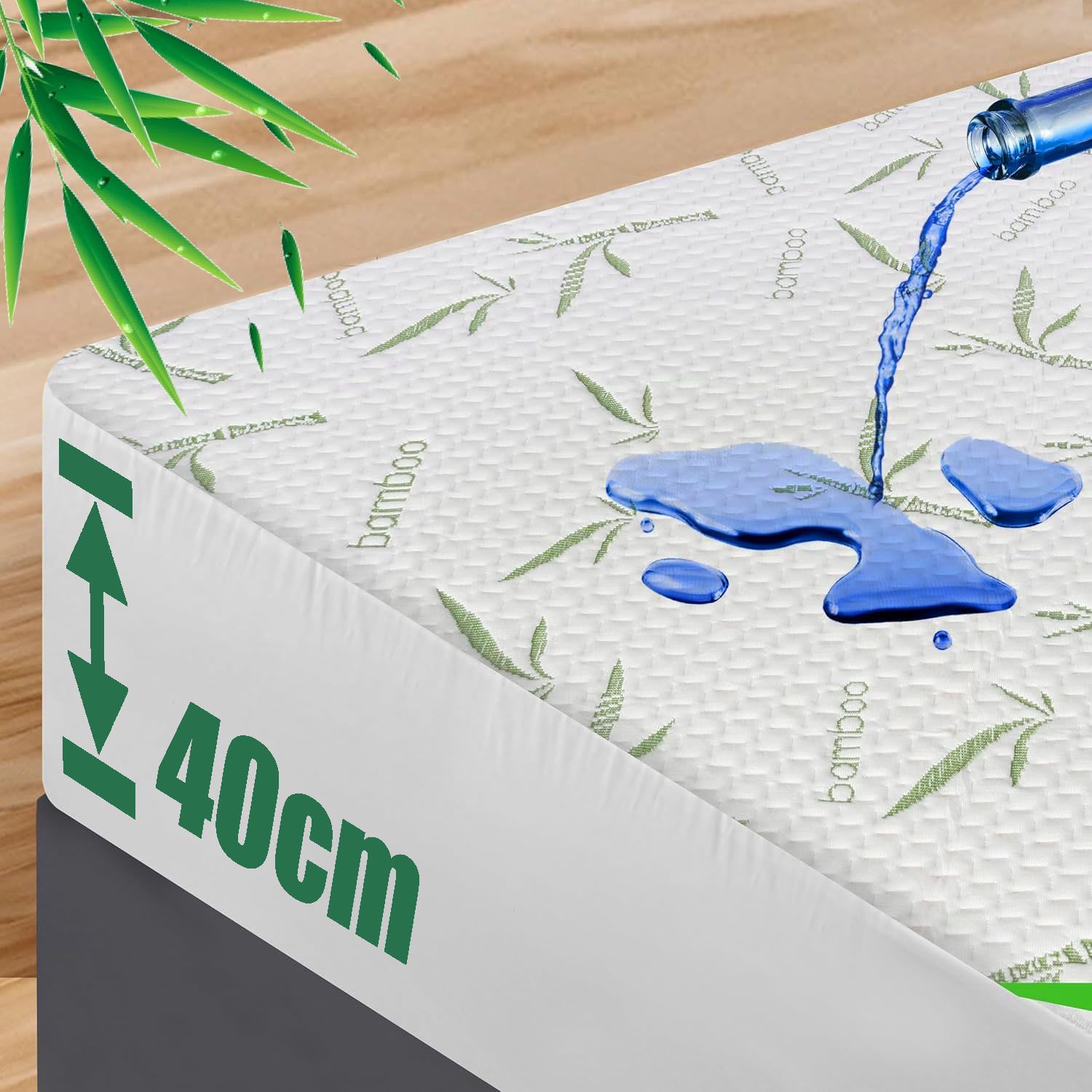 Waterproof Mattress Protector,Breathable Mattress Cover,3D Air Fabric Cooling Bed Pad Cover, Deep Pocket 40cm(Super King,Green) - Image 1