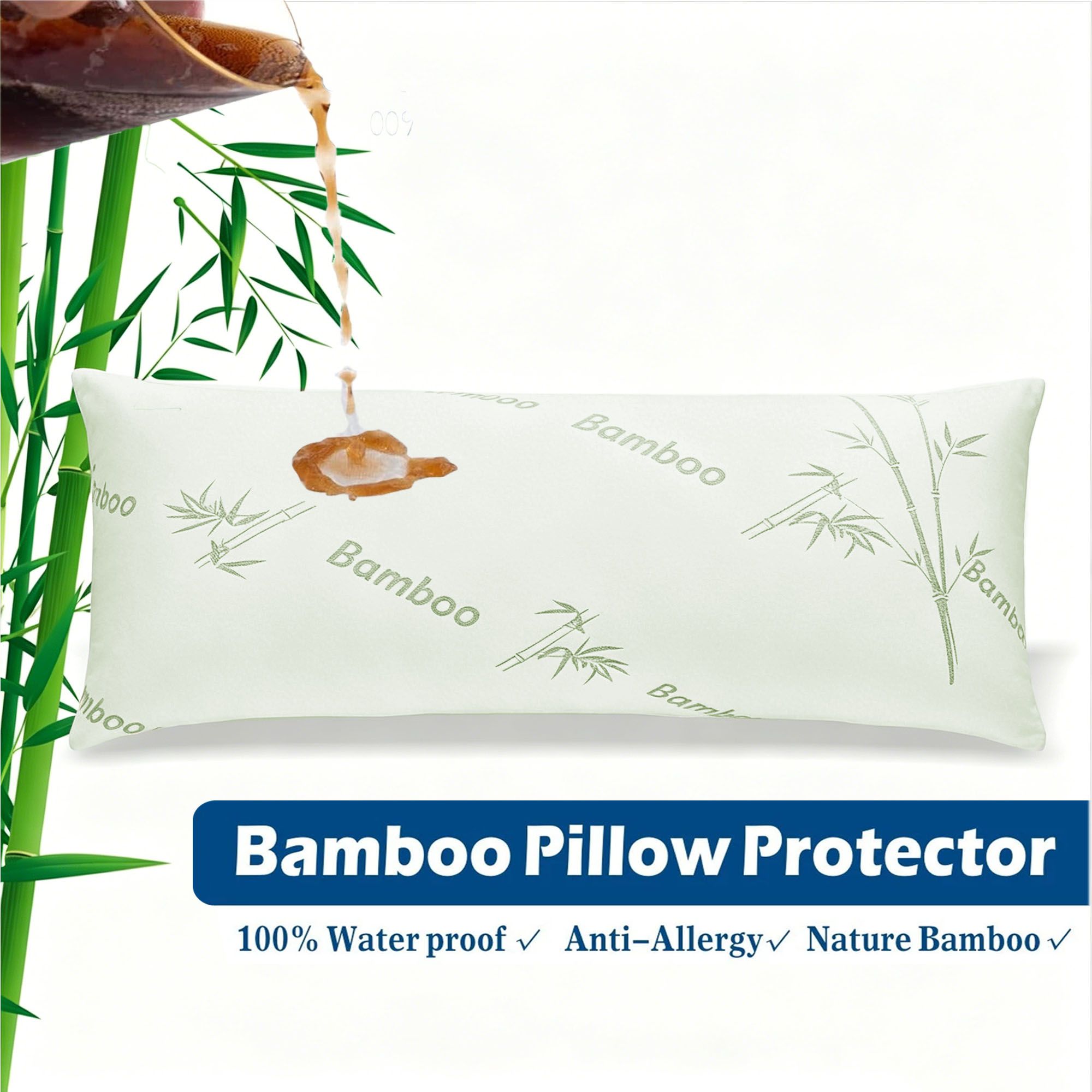 Waterproof Bamboo Pillow Protector Cover,100% Bug Water Proof Zippered Pillow Cases Body Size (1 Pack,Green,50cm x 150cm) - Image 1