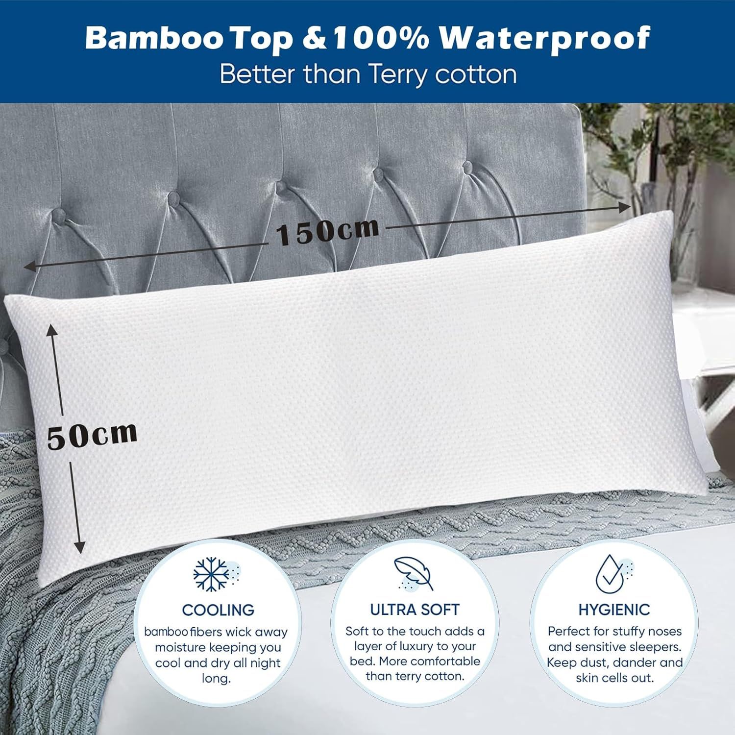 Waterproof Bamboo Pillow Protector Cover,100% Bug Water Proof Zippered Pillow Cases Body Size (1 Pack, White,50cm x 150cm) - Image 2