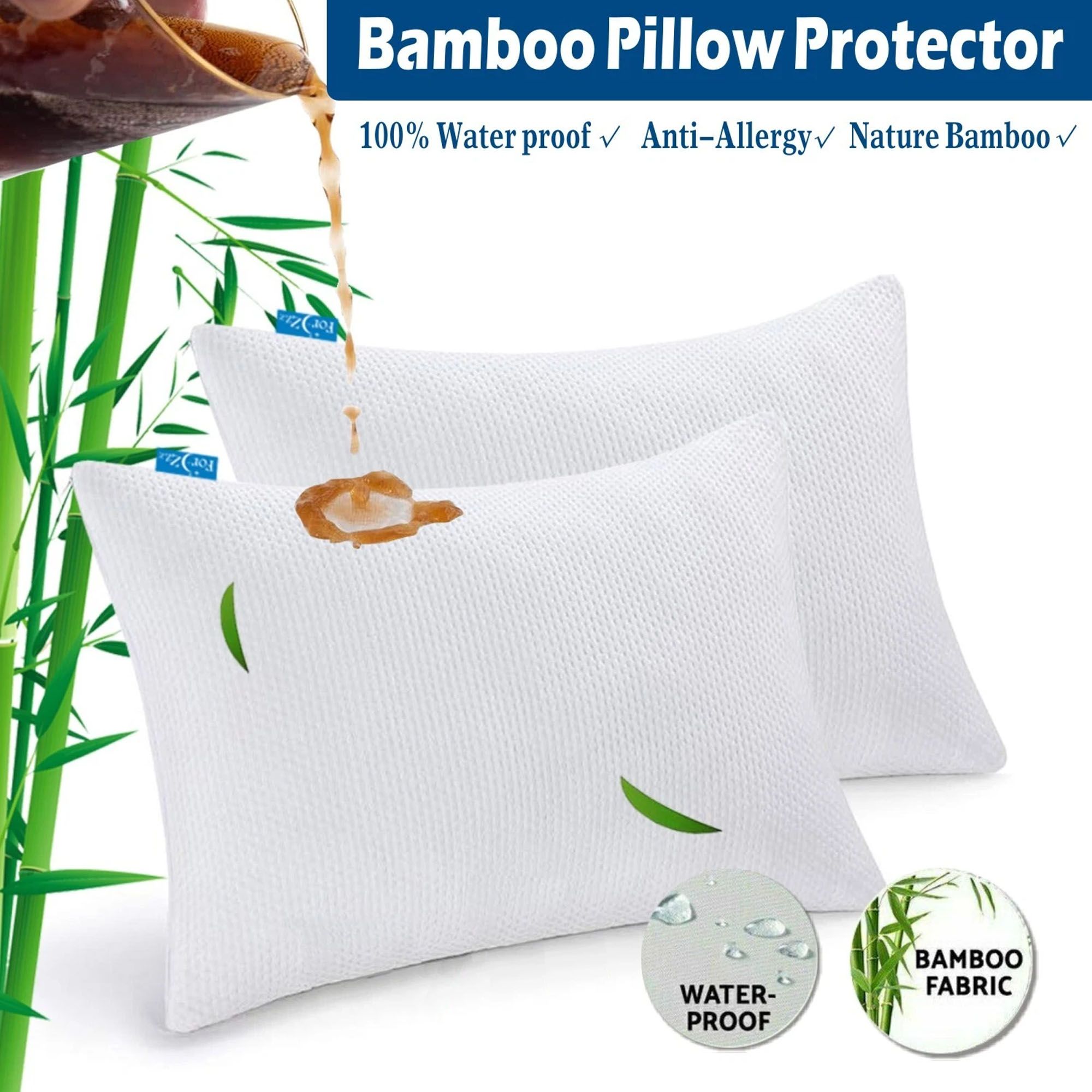 Waterproof Bamboo Pillow Protector Cover, 100% Bug Water Proof Zippered Pillow Cases Standard/Queen Size ( 2 Pack,White,48cm x 74cm) - Image 1