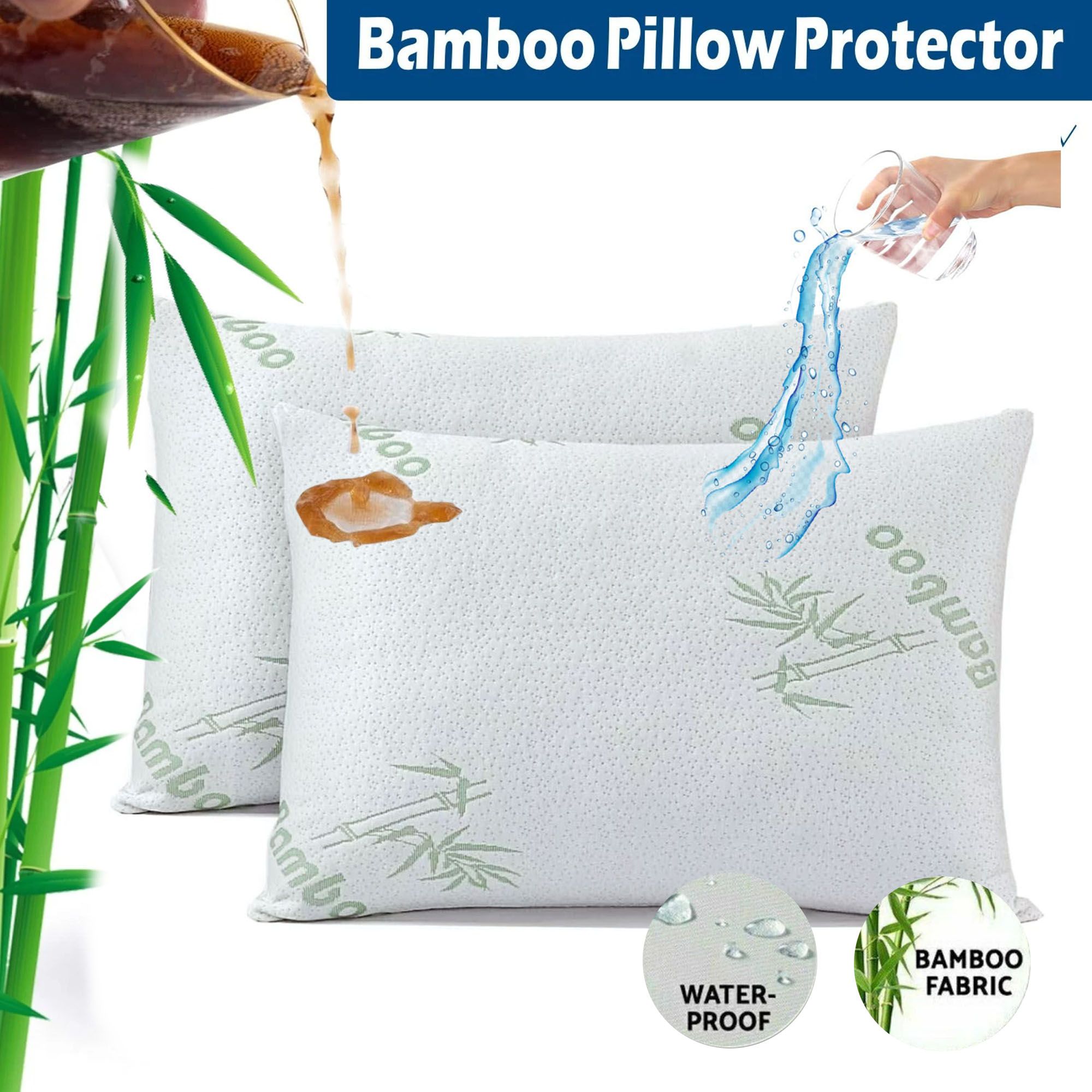 Waterproof Bamboo Pillow Protector Cover,100% Bug Water Proof Zippered Pillow Cases Standard/Queen Size ( 2 Pack,Green,48cm x 74cm) - Image 1