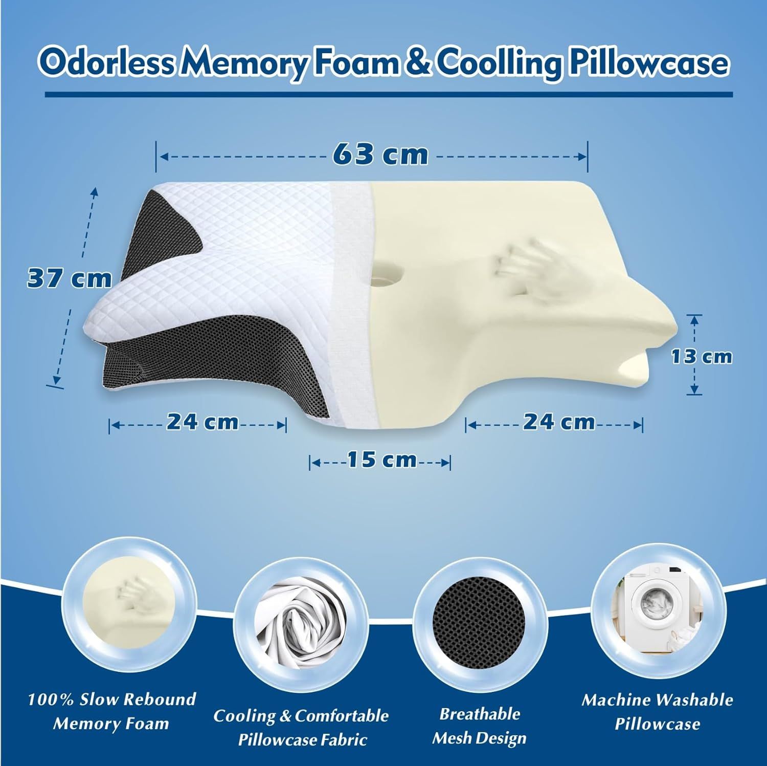Cervical Neck Pillow for Neck Pain Relief, 2 in 1 Ergonomic Orthopedic Bed Pillow for Sleeping, Memory Foam Pillows for Side, Back & Stomach Sleepers with Removable Pillowcase(Black) - Image 2