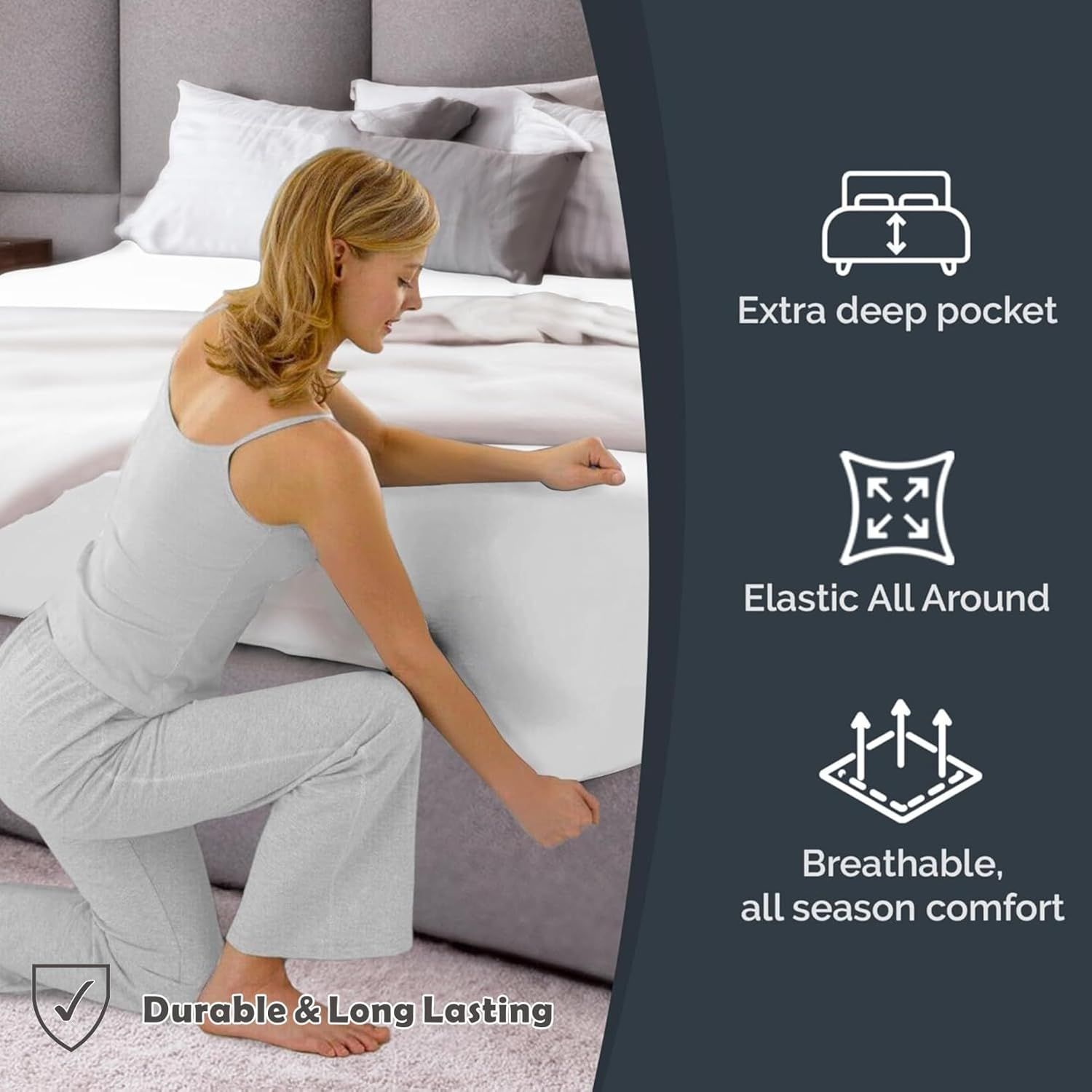 Hotel Quality Fitted Sheet - 1 Piece Fitted Sheet  -Breathable Bedding - Wrinkle, Fade, Stain Resistant- 16inch/40cm Deep Pocket Fitted Bed Sheet-Wrinkle and Fade Resistant,(White,Double) - Image 5