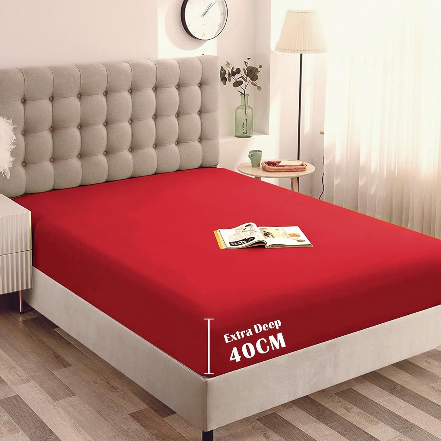Hotel Quality Fitted Sheet - 1 Piece Fitted Sheet  -Breathable Bedding - Wrinkle, Fade, Stain Resistant- 16inch/40cm Deep Pocket Fitted Bed Sheet-Wrinkle and Fade Resistant,(Red,King) - Image 1