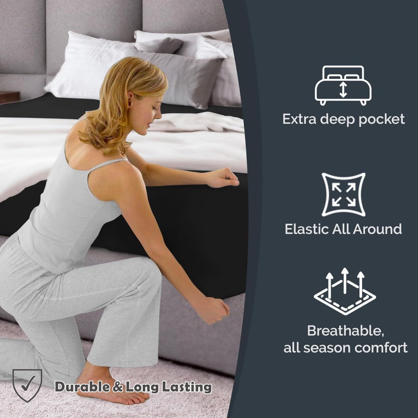 Hotel Quality Fitted Sheet - 1 Piece Fitted Sheet  -Breathable Bedding - Wrinkle, Fade, Stain Resistant- 16inch/40cm Deep Pocket Fitted Bed Sheet-Wrinkle and Fade Resistant,(Black,King) - Image 4