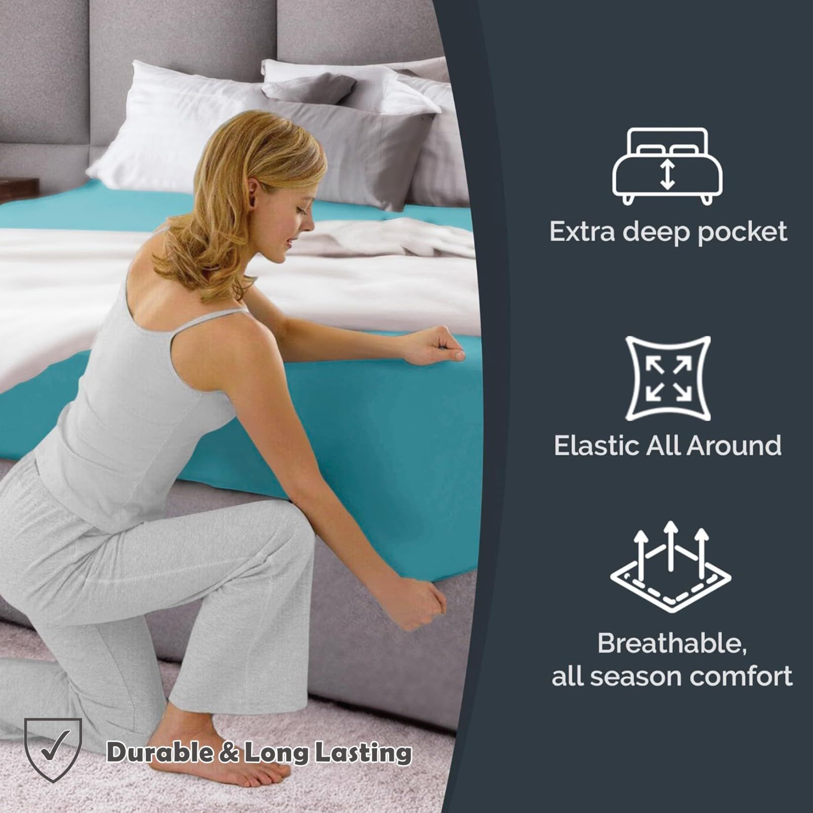 Hotel Quality Fitted Sheet - 1 Piece Fitted Sheet  -Breathable Bedding - Wrinkle, Fade, Stain Resistant- 16inch/40cm Deep Pocket Fitted Bed Sheet-Wrinkle and Fade Resistant,(Ice blue,Queen) - Image 3