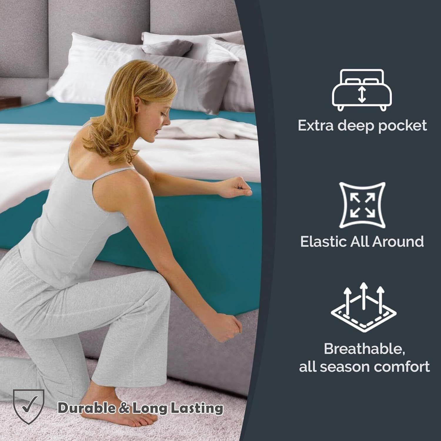 Hotel Quality Fitted Sheet - 1 Piece Fitted Sheet  -Breathable Bedding - Wrinkle, Fade, Stain Resistant- 16inch/40cm Deep Pocket Fitted Bed Sheet-Wrinkle and Fade Resistant,(Biscay blue,Queen) - Image 4