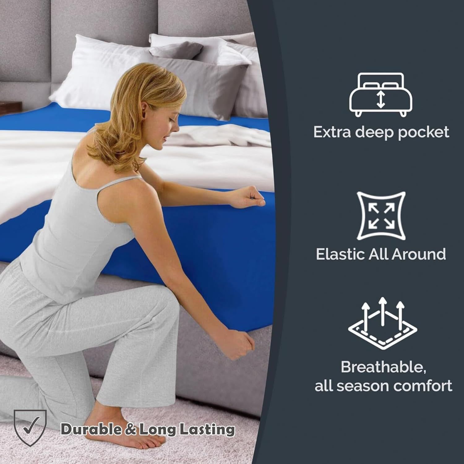 Hotel Quality Fitted Sheet - 1 Piece Fitted Sheet  -Breathable Bedding - Wrinkle, Fade, Stain Resistant- 16inch/40cm Deep Pocket Fitted Bed Sheet-Wrinkle and Fade Resistant,(Royal blue,Single) - Image 2